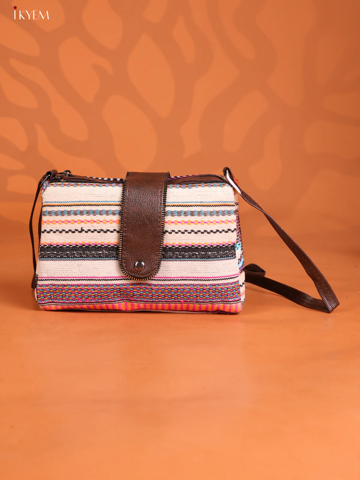 Jacquard Embroidered Leather Sling bag 3 compartments -Multicolour - KD26917
