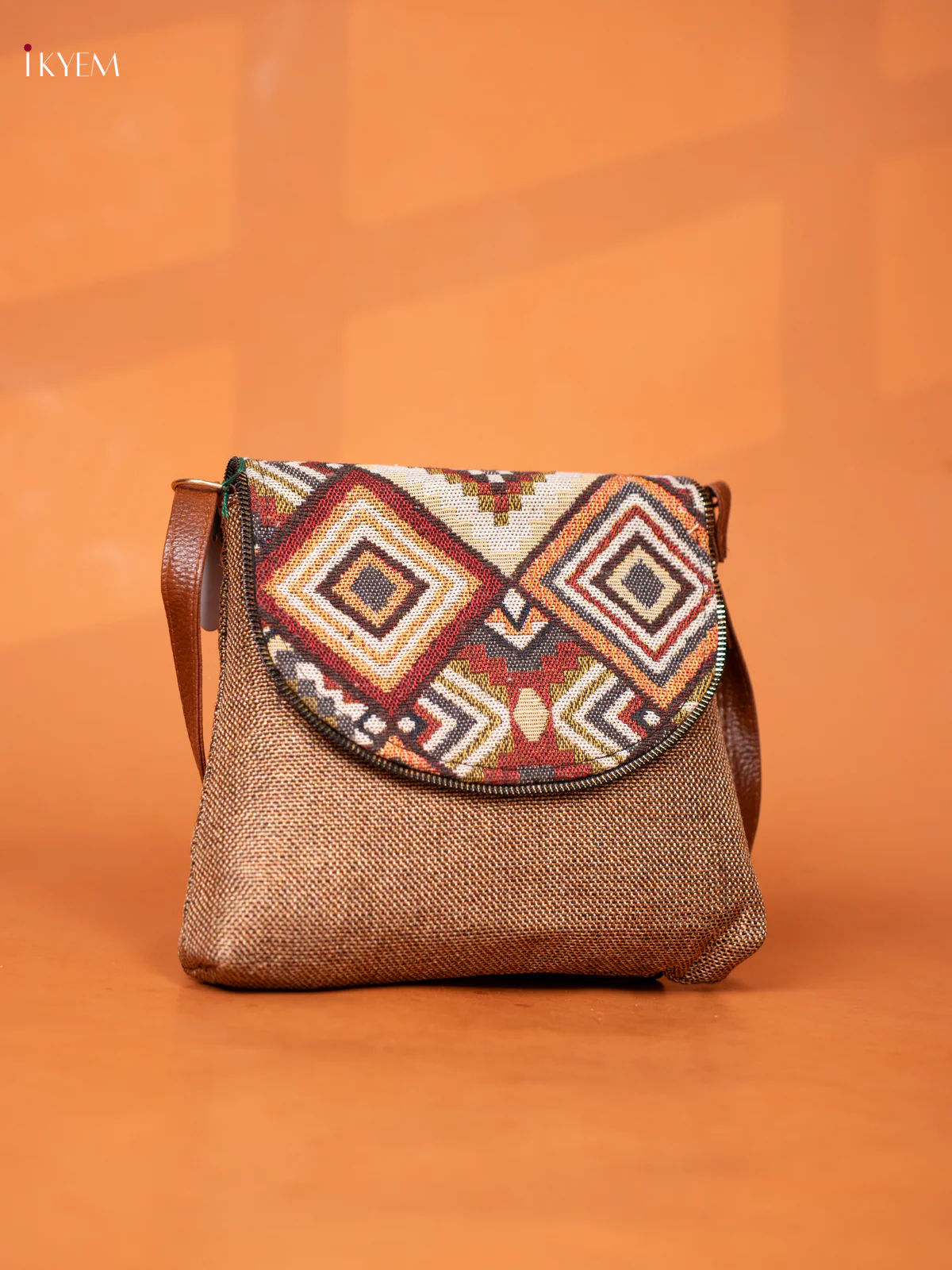jacquard Leather Sling bag with Printed Flap - Sandal - KD26923 - Image 2