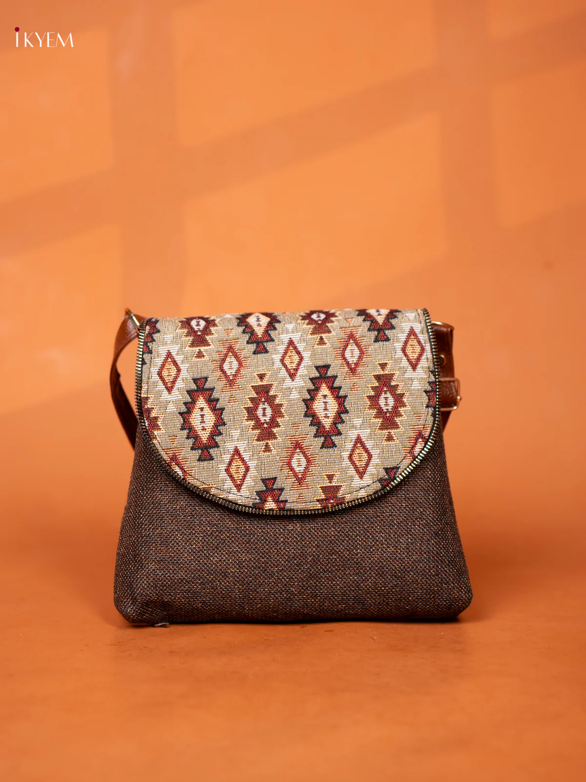Jacquard Leather Sling Bag with Printed Flap - Brown - KD26930