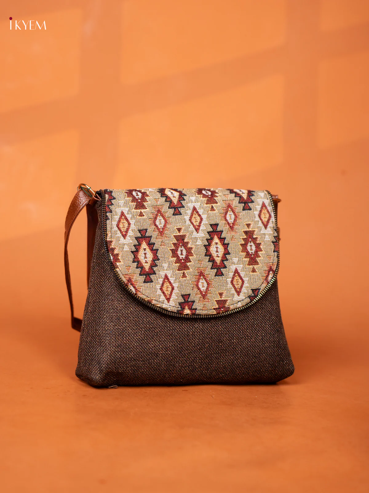 Jacquard Leather Sling Bag with Printed Flap - Brown - KD26930 - Image 2