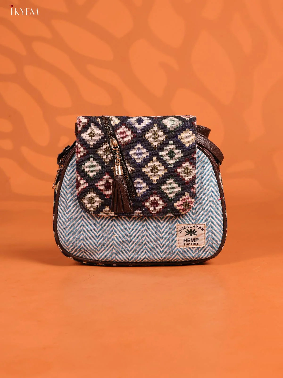 Jacquard Woven Flap Leather Sling Bag with 4 compartments- sky blue -KD26944