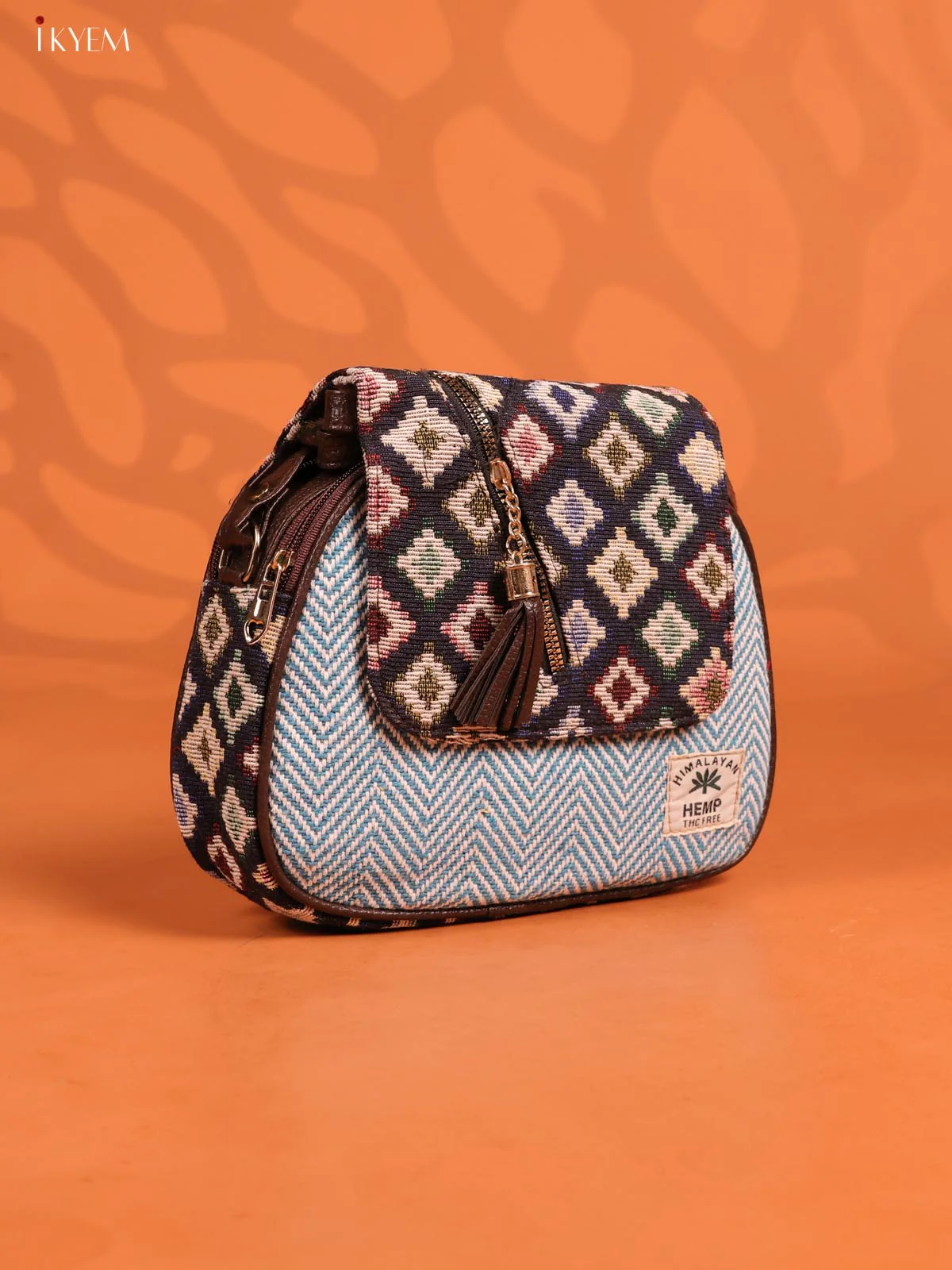 Jacquard Woven Flap Leather Sling Bag with 4 compartments- sky blue -KD26944 - Image 2