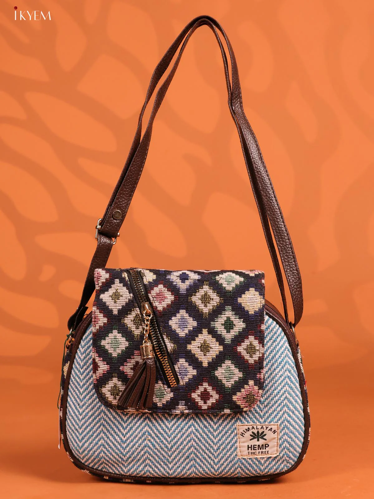 Jacquard Woven Flap Leather Sling Bag with 4 compartments- sky blue -KD26944 - Image 4