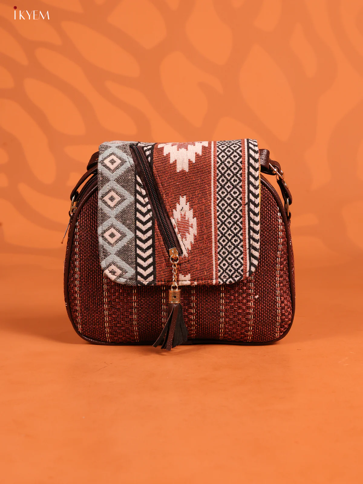 Jacquard Woven Flap Leather Sling Bag with 4 compartments - coffee brown - KD26945