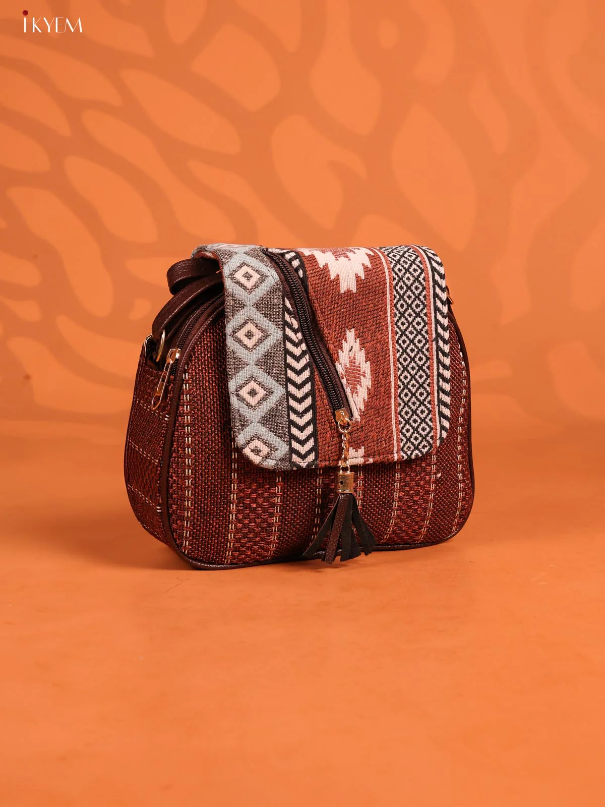 Jacquard Woven Flap Leather Sling Bag with 4 compartments - coffee brown - KD26945 - Image 2