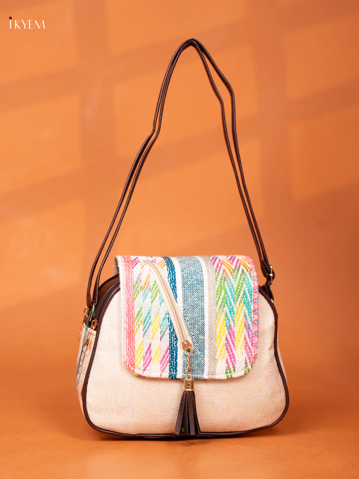 Jacquard Woven Flap Leather Sling Bag with 4 compartments - Cream - KD26947 - Image 4