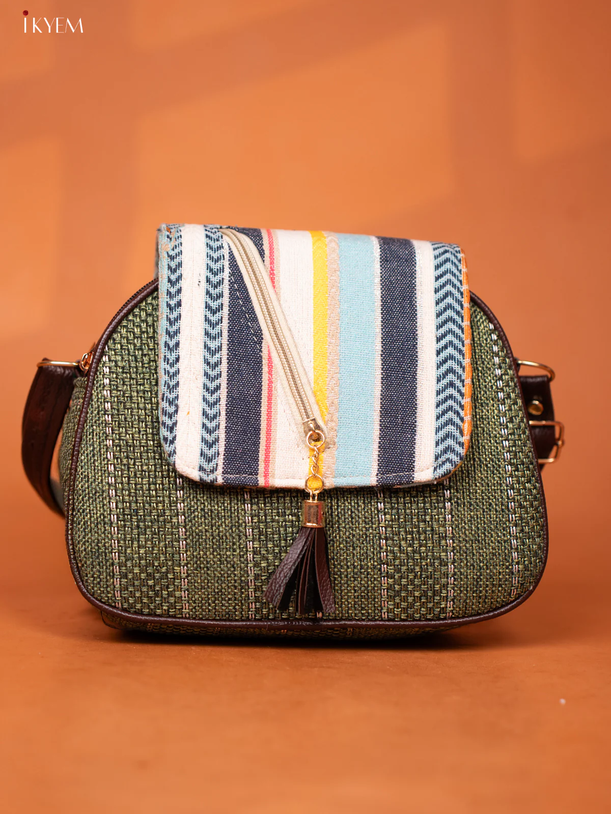 Jacquard Woven Flap Leather Sling Bag - Green -KD26948