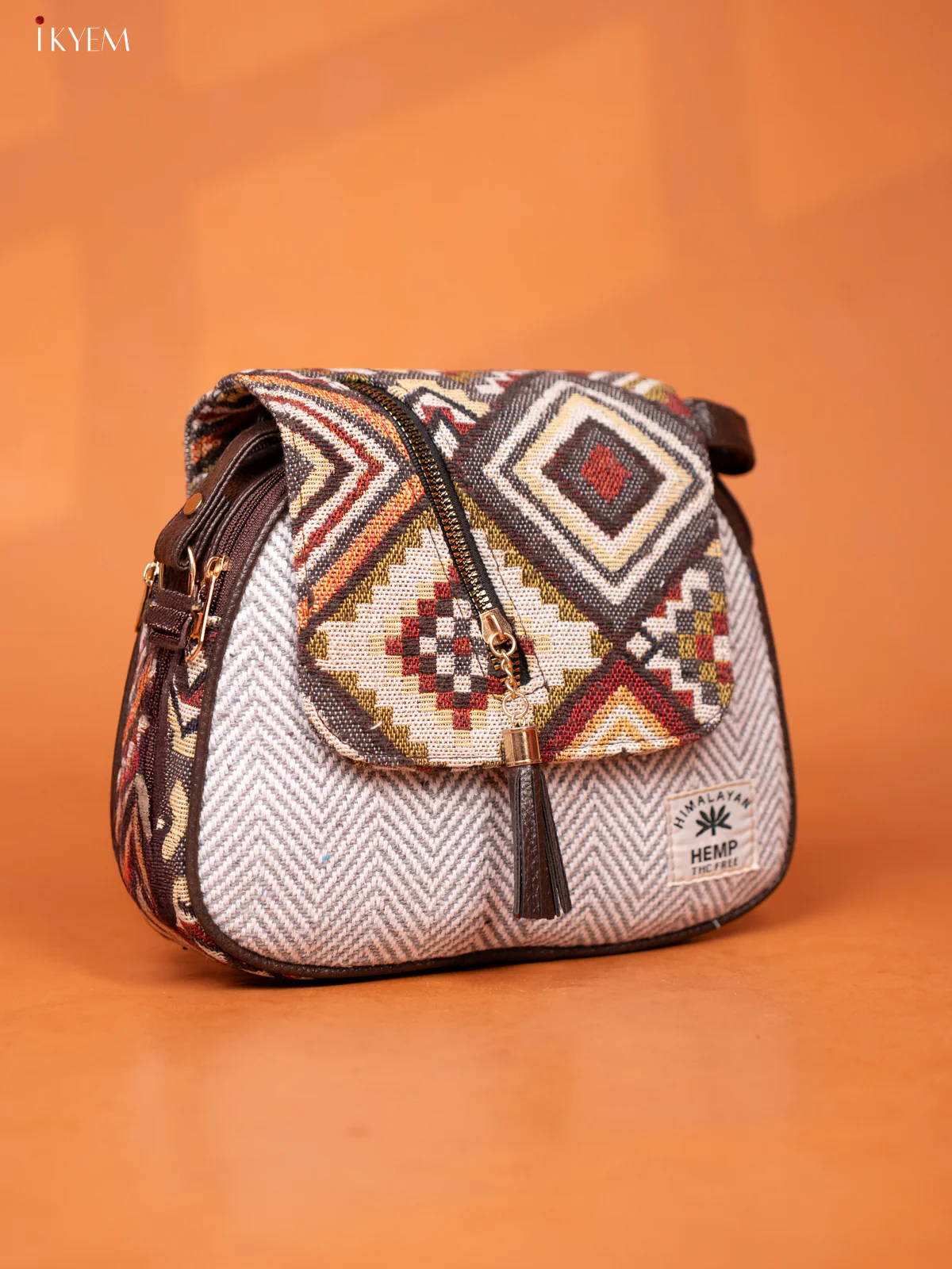 Jacquard Woven Flap Leather Sling Bag with 4 Compartments- Grey -KD26950 - Image 2