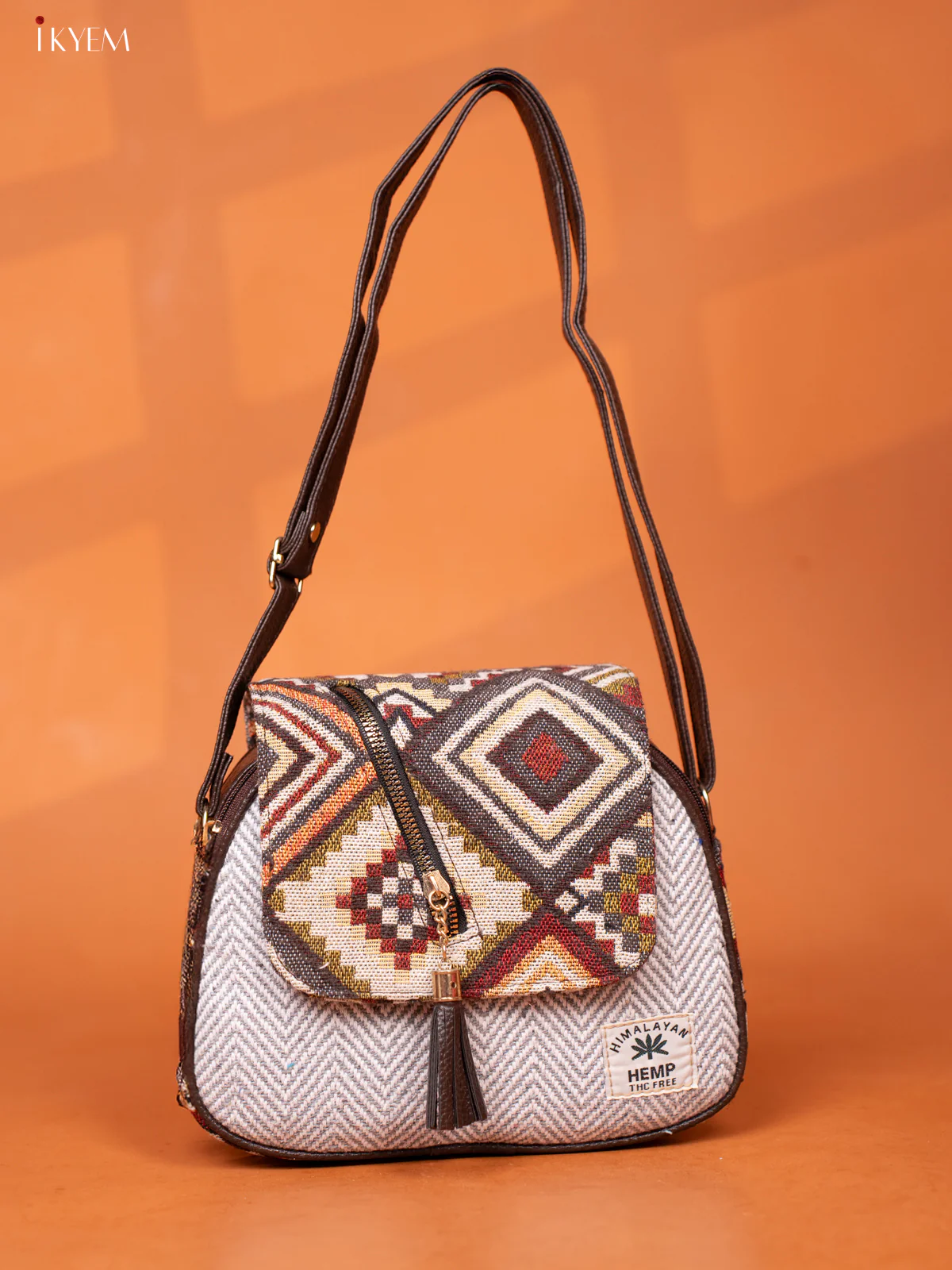 Jacquard Woven Flap Leather Sling Bag with 4 Compartments- Grey -KD26950 - Image 3
