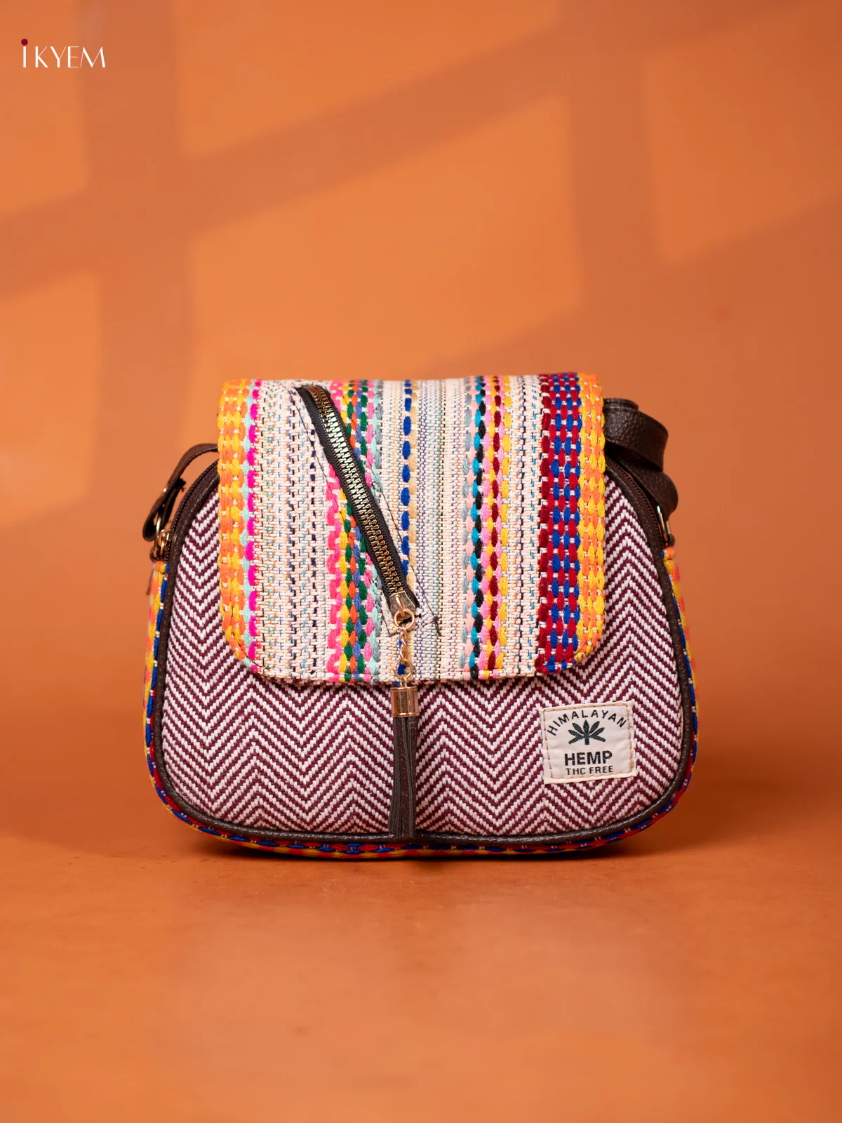 Jacquard Woven Leather Sling Bag with 4 compartments - Maroon -KD26951