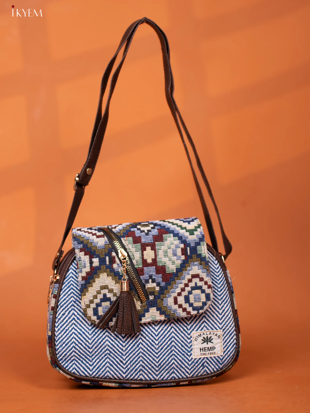 Jacquard Woven Leather Sling Bag with 4 Compartments - Blue - KD26952 - Image 3