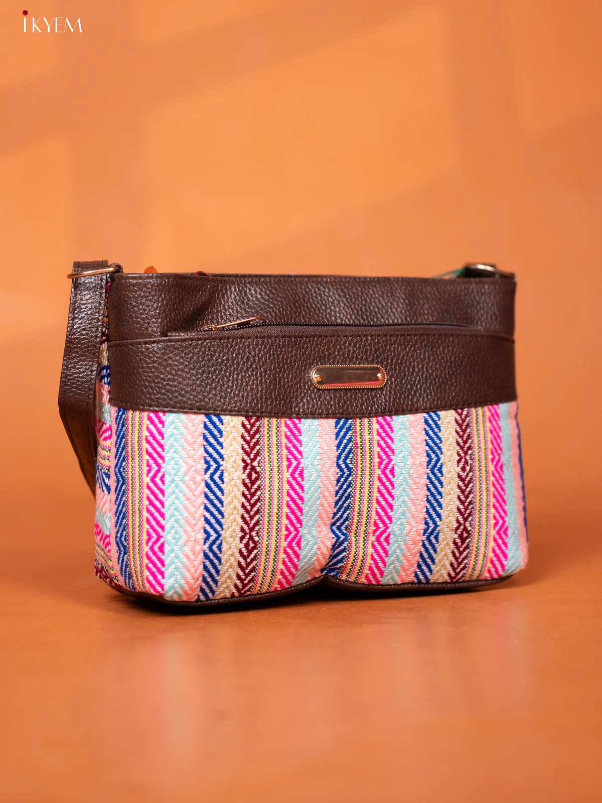 Jacquard Leather Design Sling Bag with 4 Compartments -Multicolour - KD26963 - Image 2