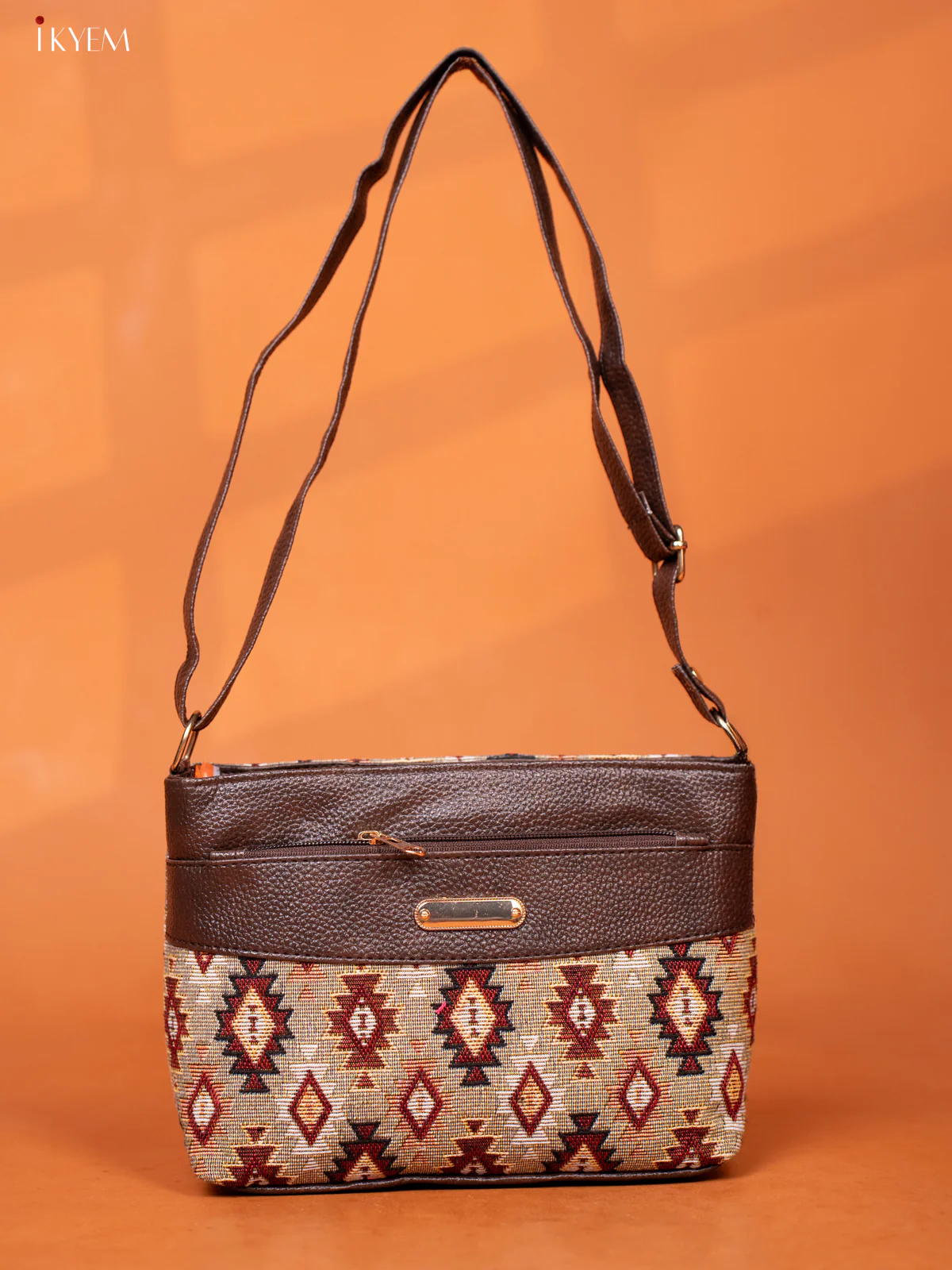 Jacquard ikat Leather Sling Bag with 3 Compartments - Sandal - KD26964 - Image 3