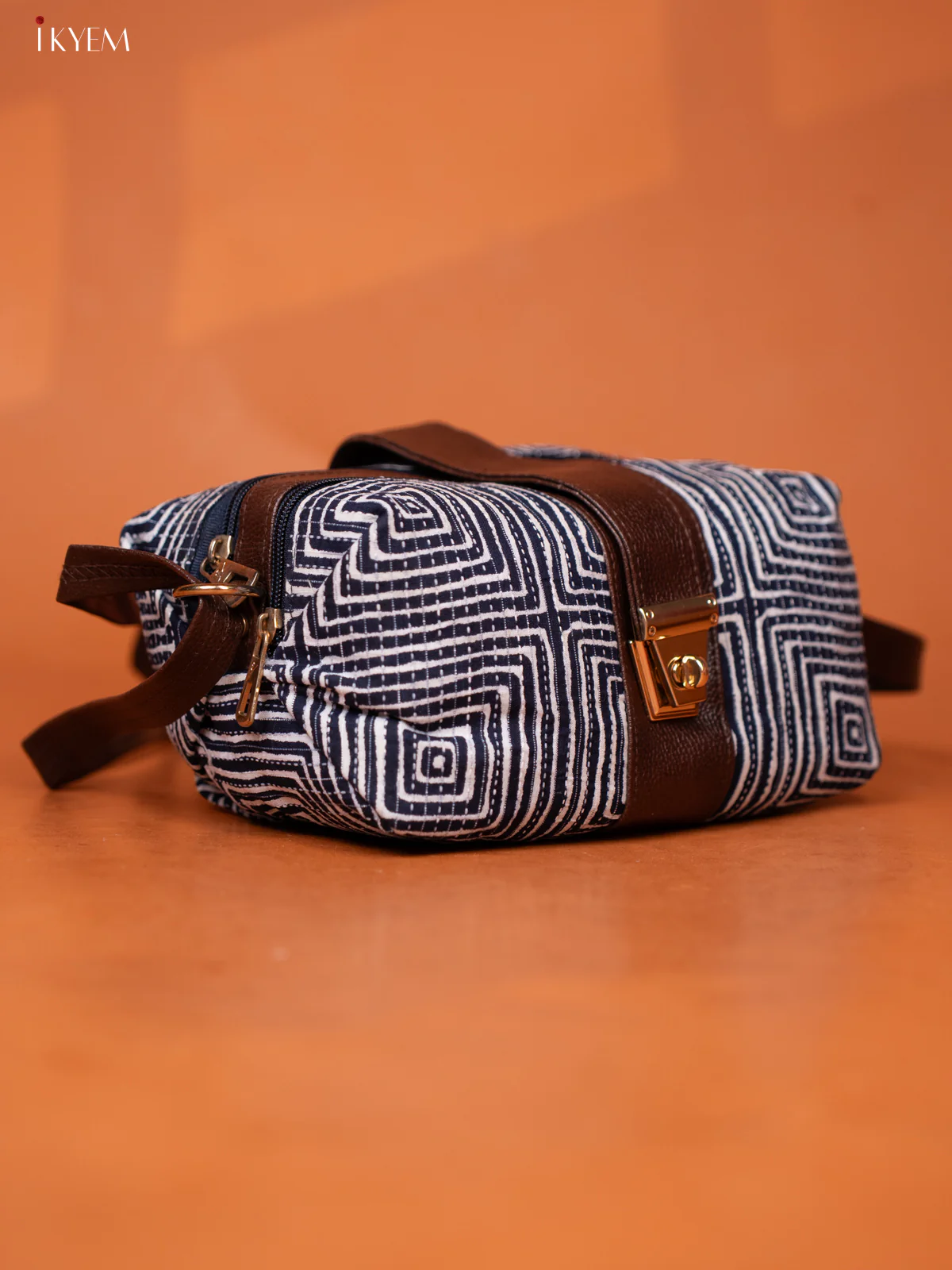 Geometric Cotton Leather Sling bag with 3 Compartments - Navy Blue - KD26972 - Image 2