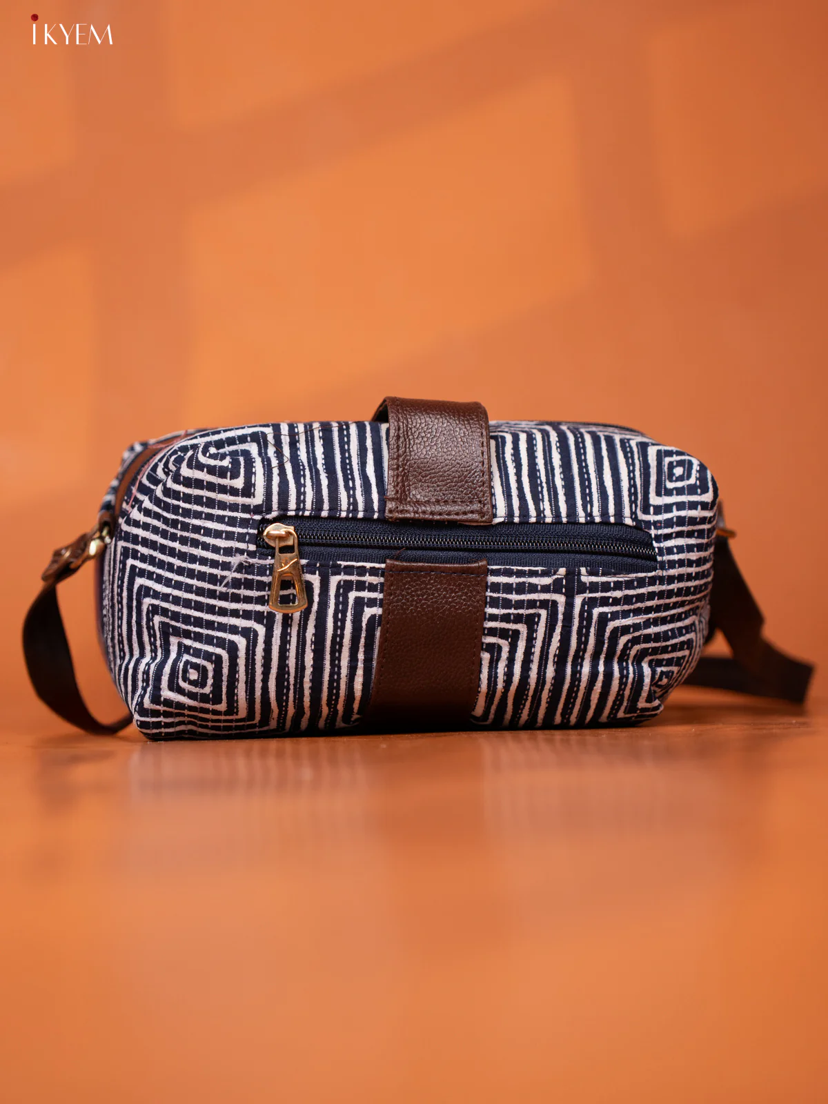 Geometric Cotton Leather Sling bag with 3 Compartments - Navy Blue - KD26972 - Image 4