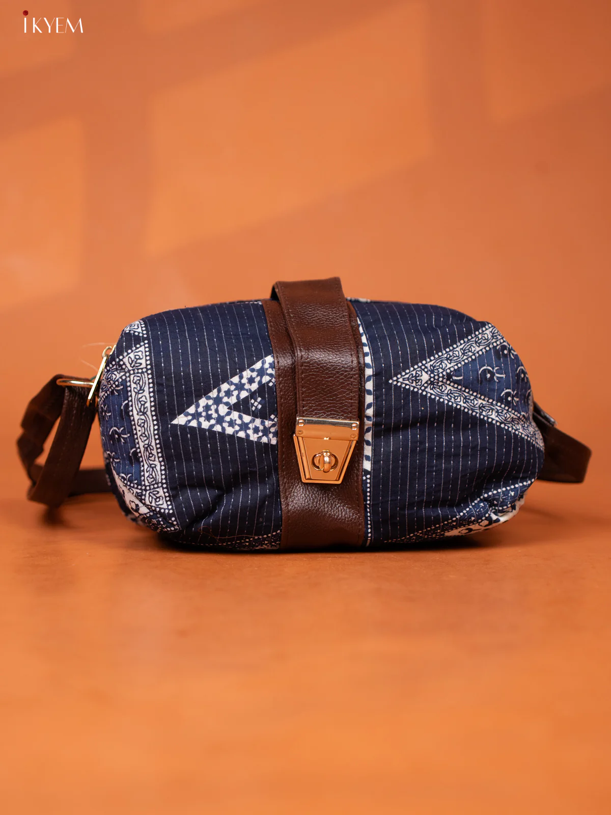 Ikat Cotton Leather Sling bag with 3 Compartments -Navy Blue - KD26973