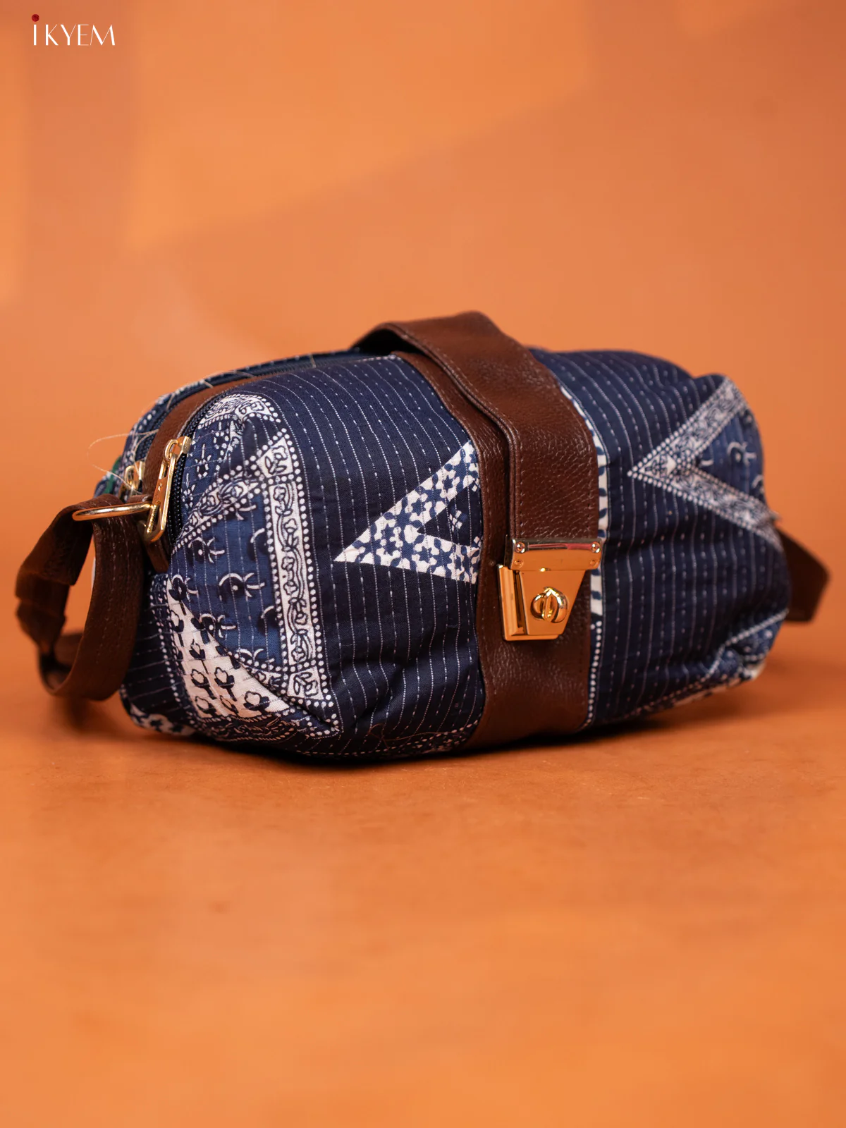 Ikat Cotton Leather Sling bag with 3 Compartments -Navy Blue - KD26973 - Image 2