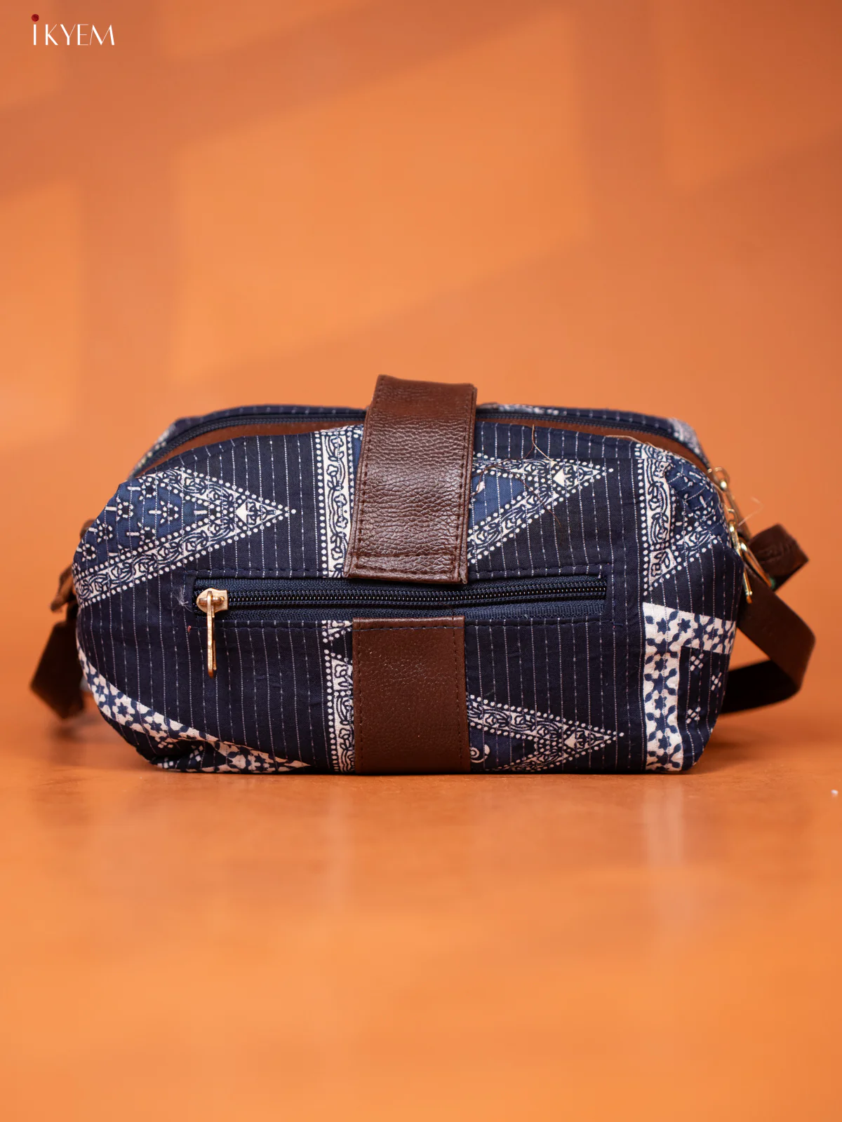 Ikat Cotton Leather Sling bag with 3 Compartments -Navy Blue - KD26973 - Image 4