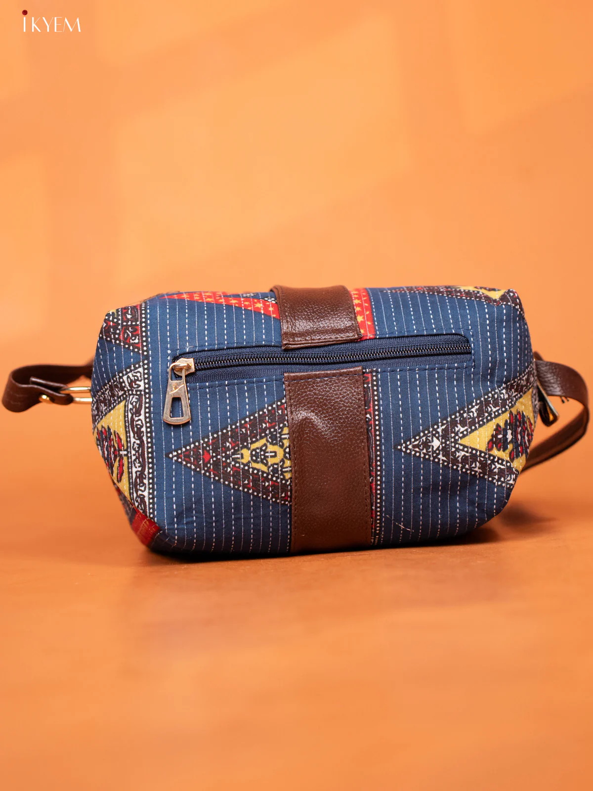 Ikat Cotton Leather Sling bag with 3 Compartments - Blue - KD26974 - Image 4