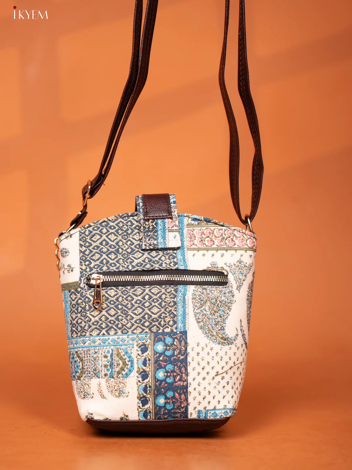 Printed patchwork Cotton Leather Sling Bag -Sky Blue - KD26976 - Image 4