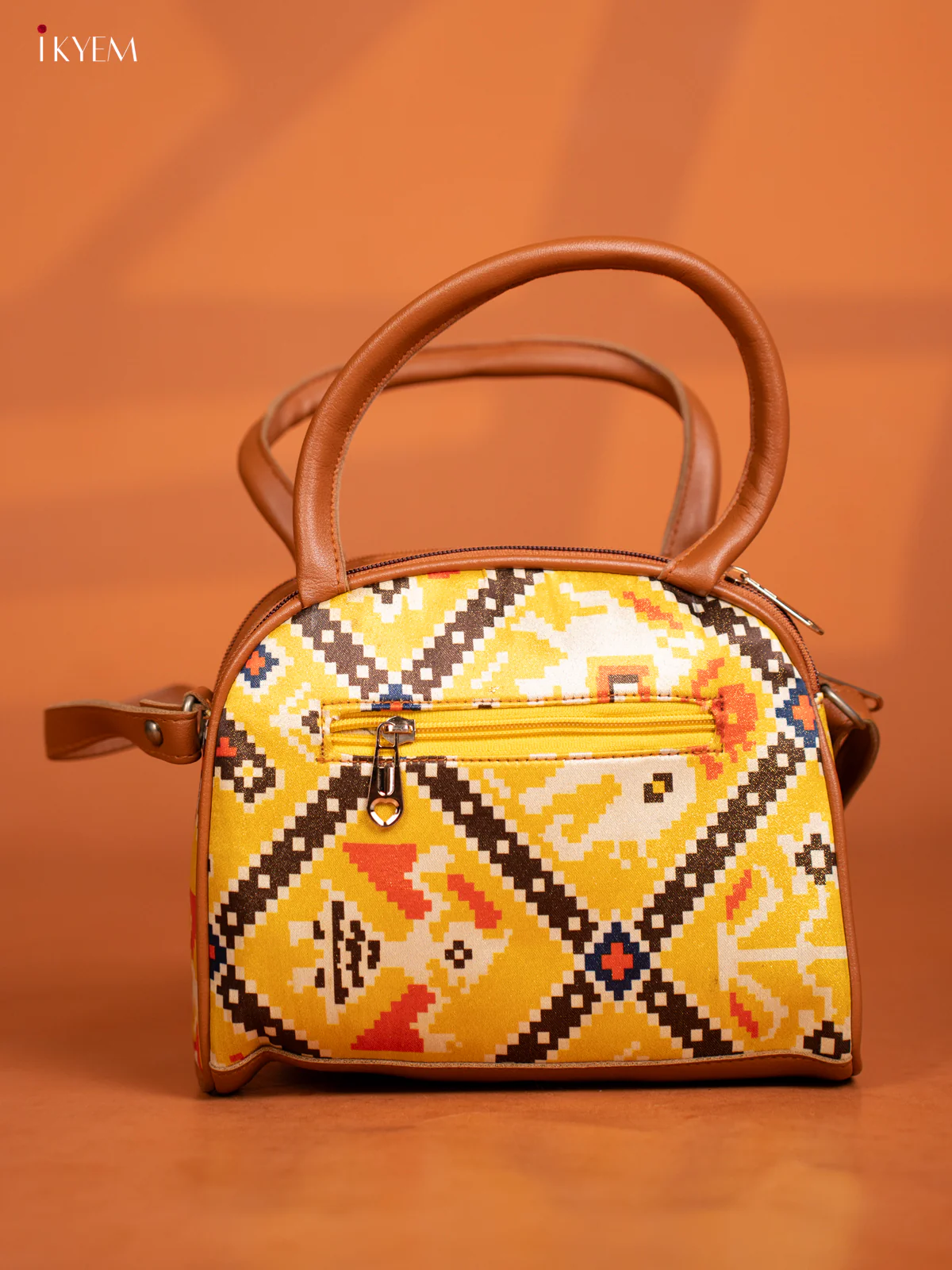 Patola Design Leather Sling Handy handbag with 4 Compartments -Yellow - Image 4