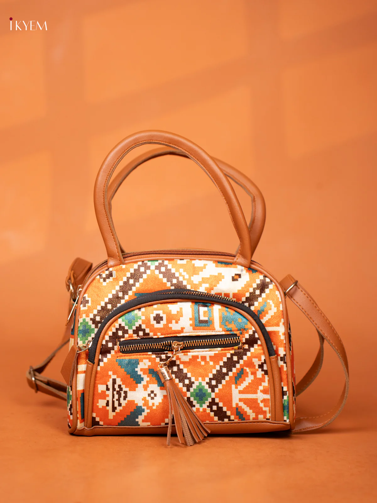 Patola Design Leather Sling Handy handbag with 4 Compartments -Orange - KD26985