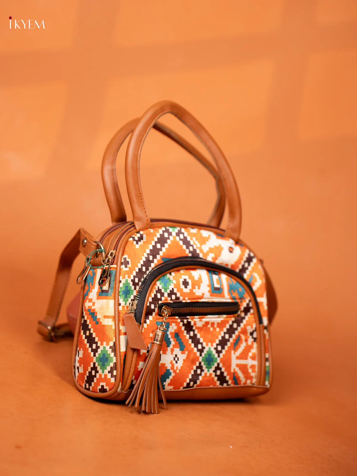 Patola Design Leather Sling Handy handbag with 4 Compartments -Orange - KD26985 - Image 2