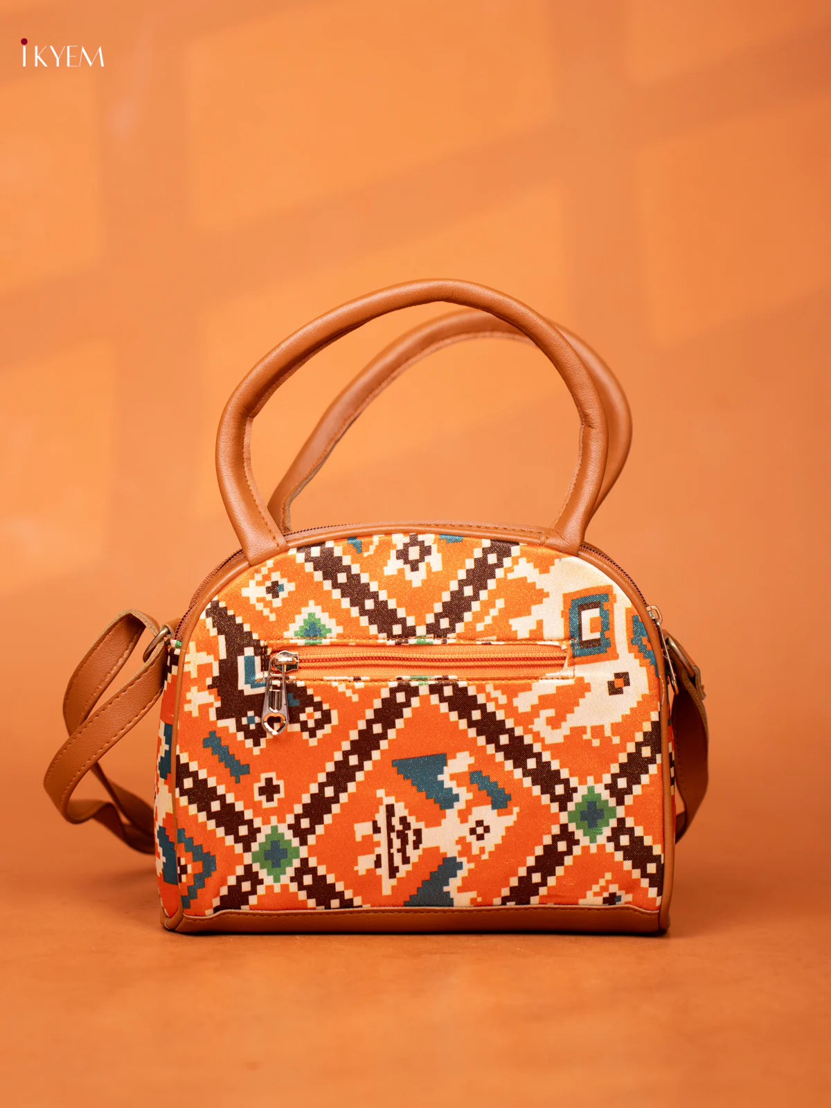 Patola Design Leather Sling Handy handbag with 4 Compartments -Orange - KD26985 - Image 3