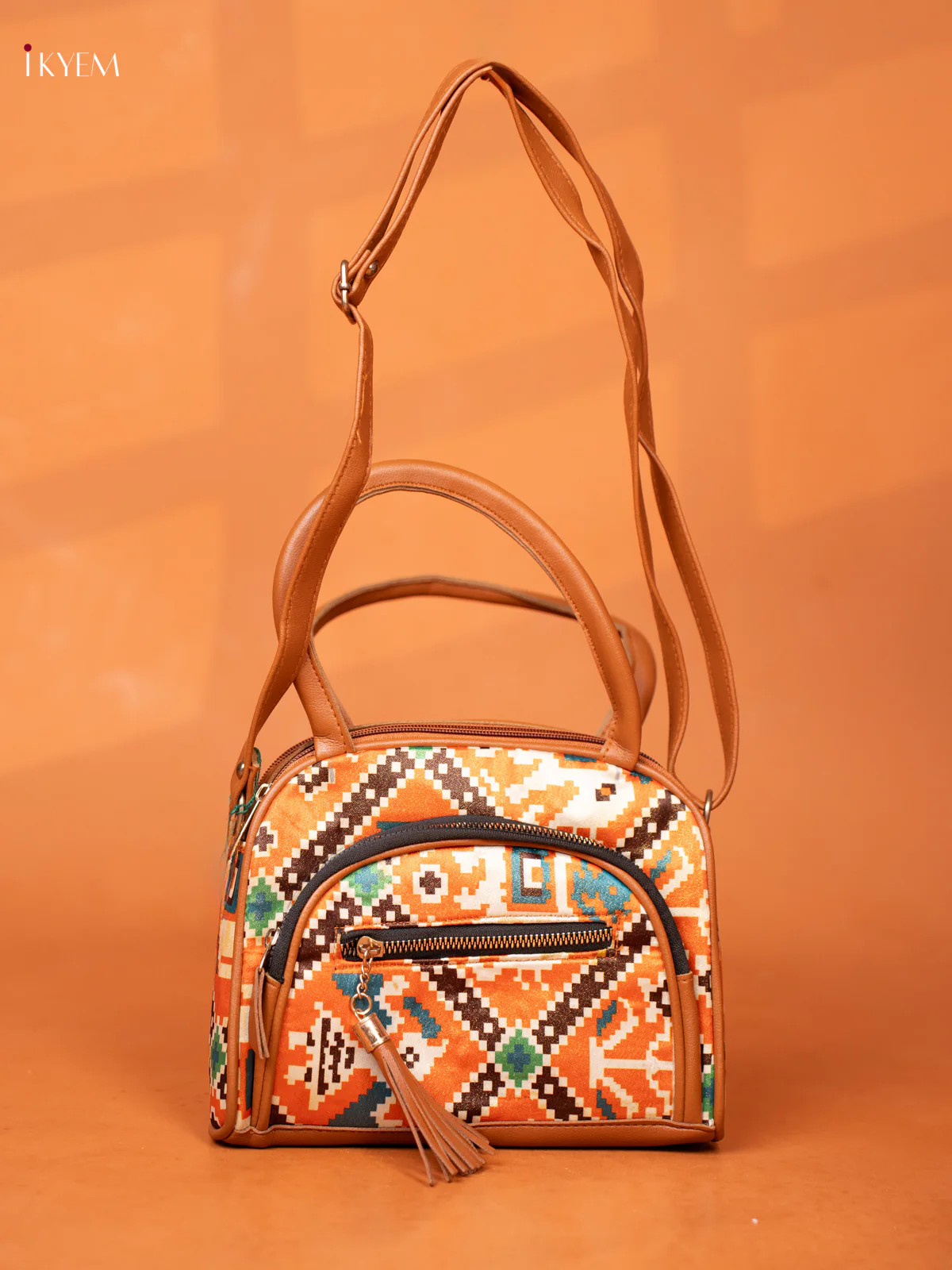 Patola Design Leather Sling Handy handbag with 4 Compartments -Orange - KD26985 - Image 4