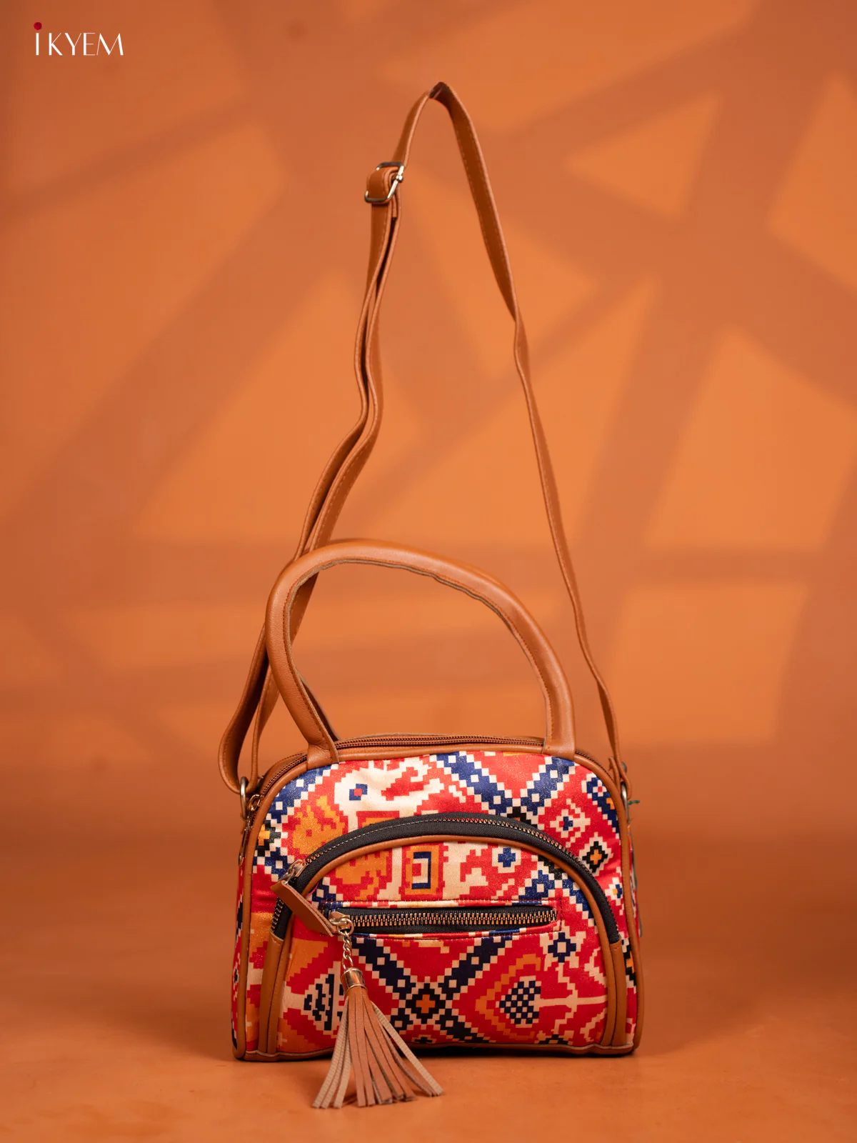 Patola Design Leather Sling Handy handbag with 4 Compartments - Red - KD26986 - Image 5