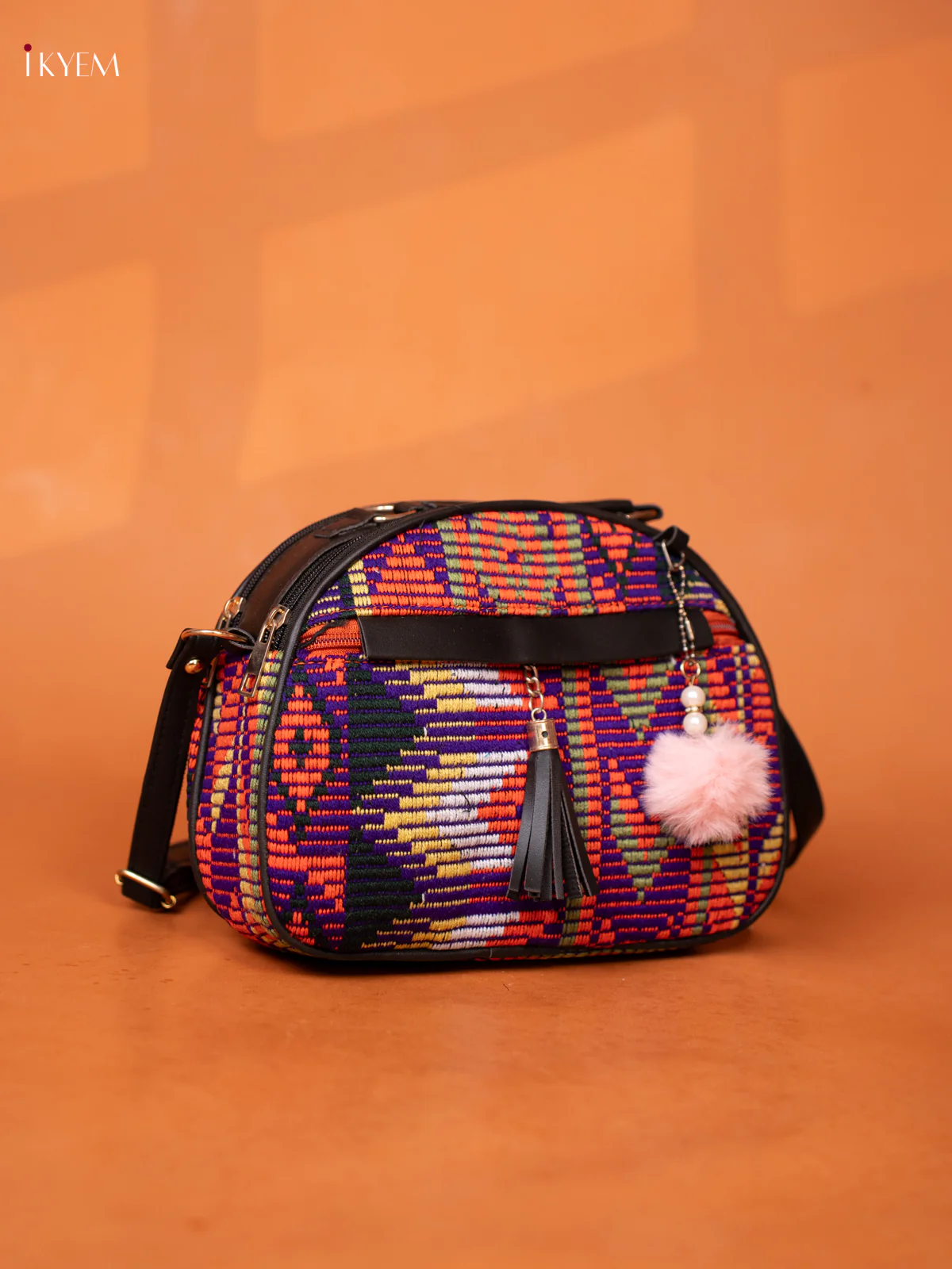 Jacquard Leather Sling Bag with 4 Compartments -Multicolour - KD26989 - Image 2