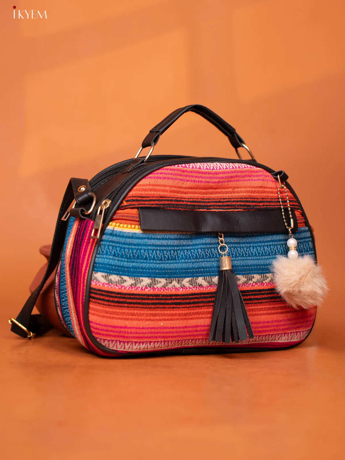 Jacquard Leather Sling Bag with 4 Compartments - Multicolour - KD26990 - Image 2