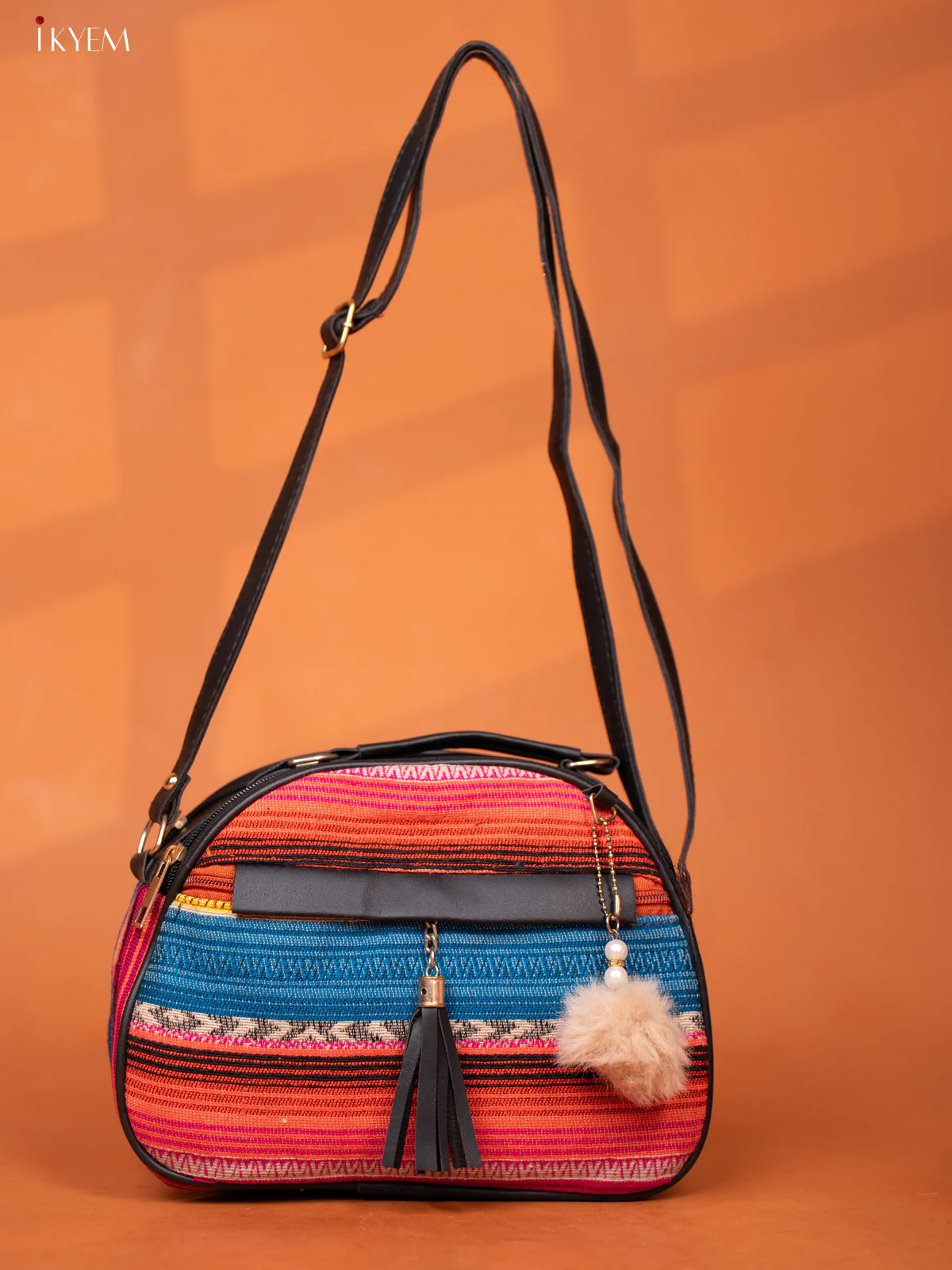 Jacquard Leather Sling Bag with 4 Compartments - Multicolour - KD26990 - Image 3