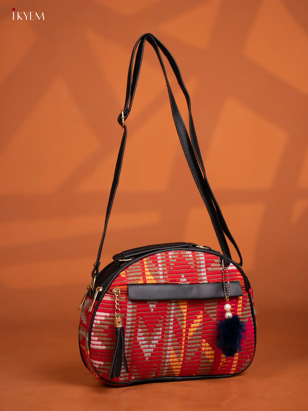 Jacquard Leather Sling Bag with 4 Compartments -Multicolour - KD27002 - Image 5
