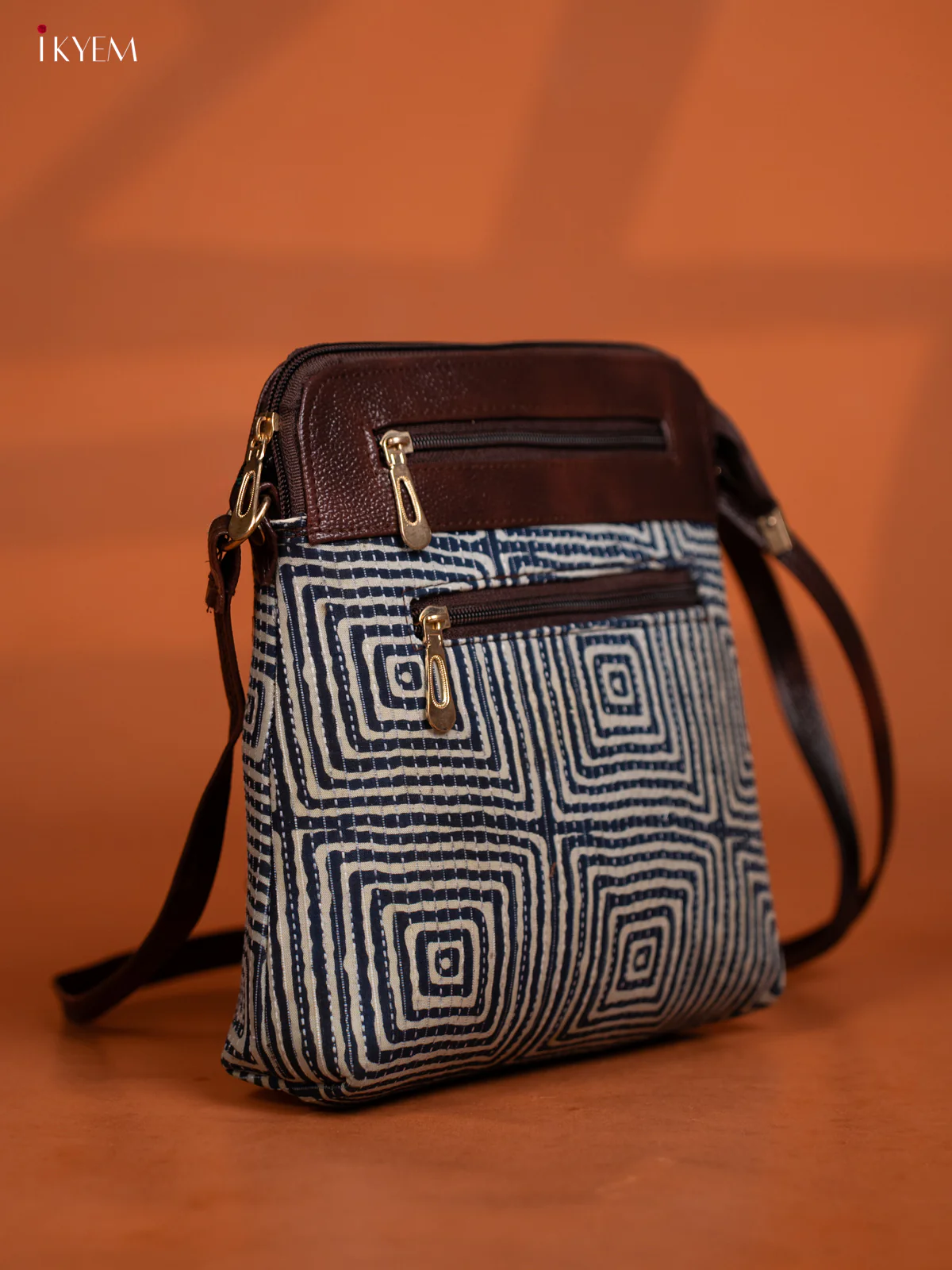 Jacquard Geometric Leather Sling Bag with 4 Compartments - Blue - KD27003 - Image 2