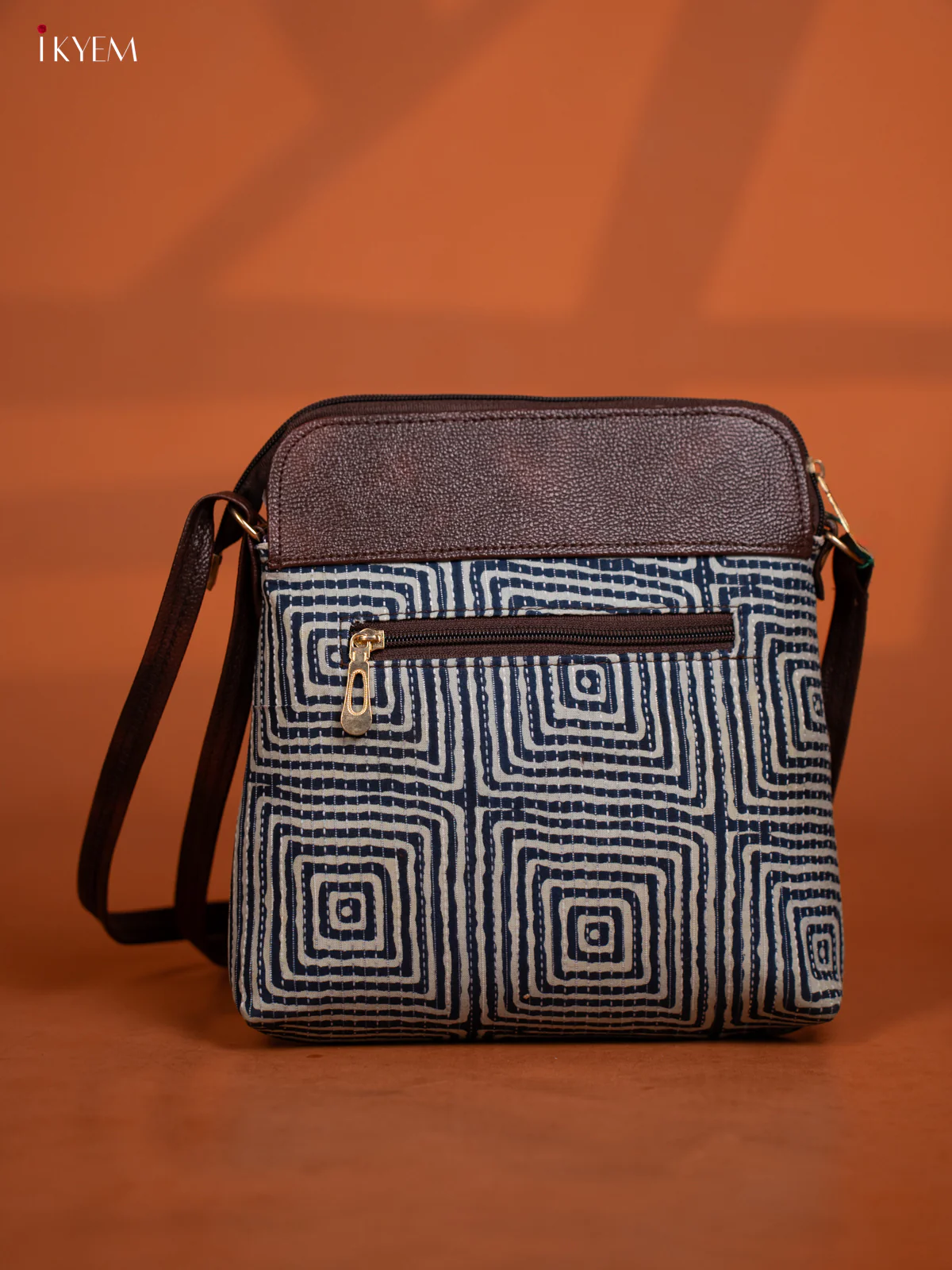 Jacquard Geometric Leather Sling Bag with 4 Compartments - Blue - KD27003 - Image 4