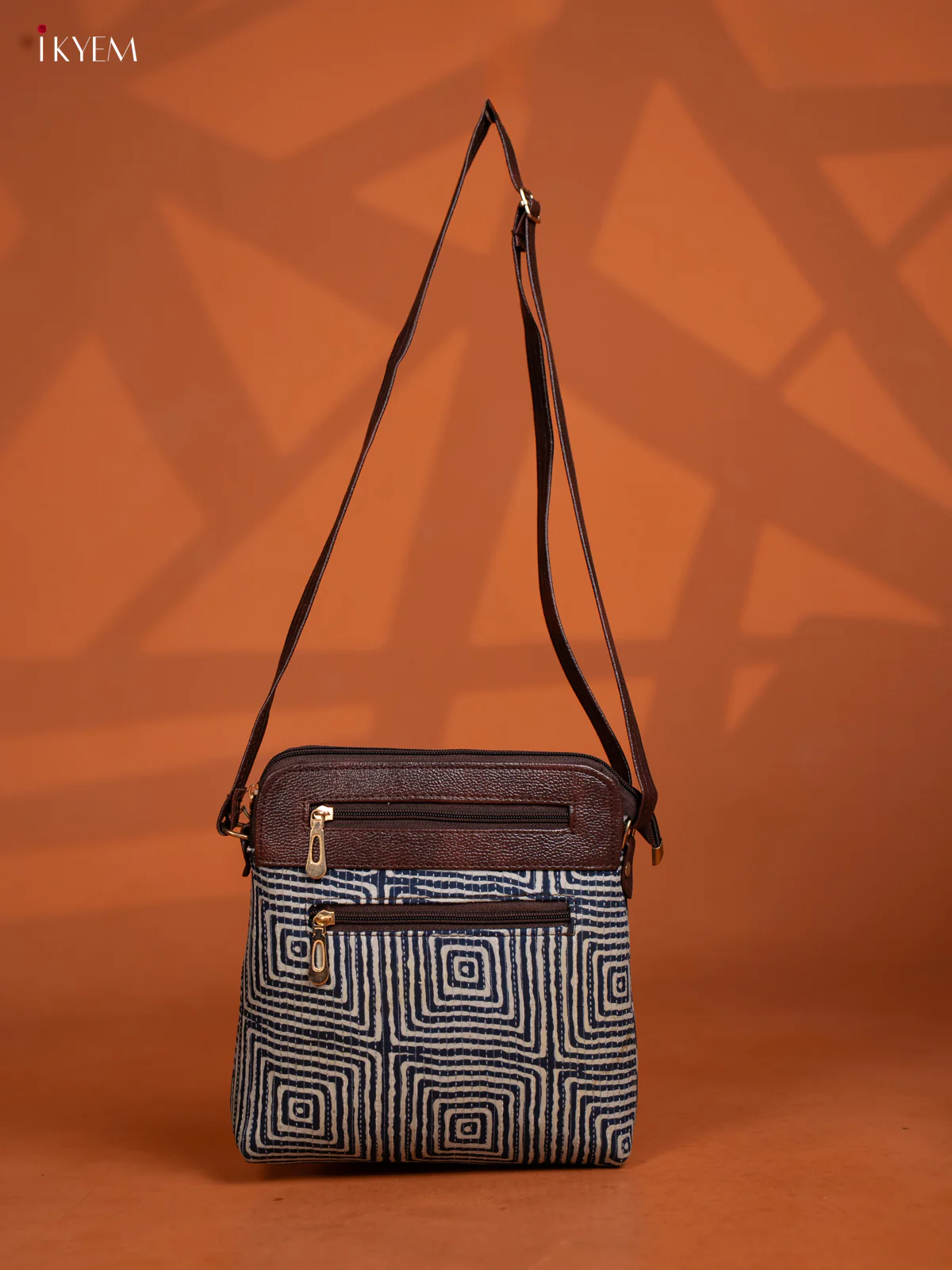 Jacquard Geometric Leather Sling Bag with 4 Compartments - Blue - KD27003 - Image 5