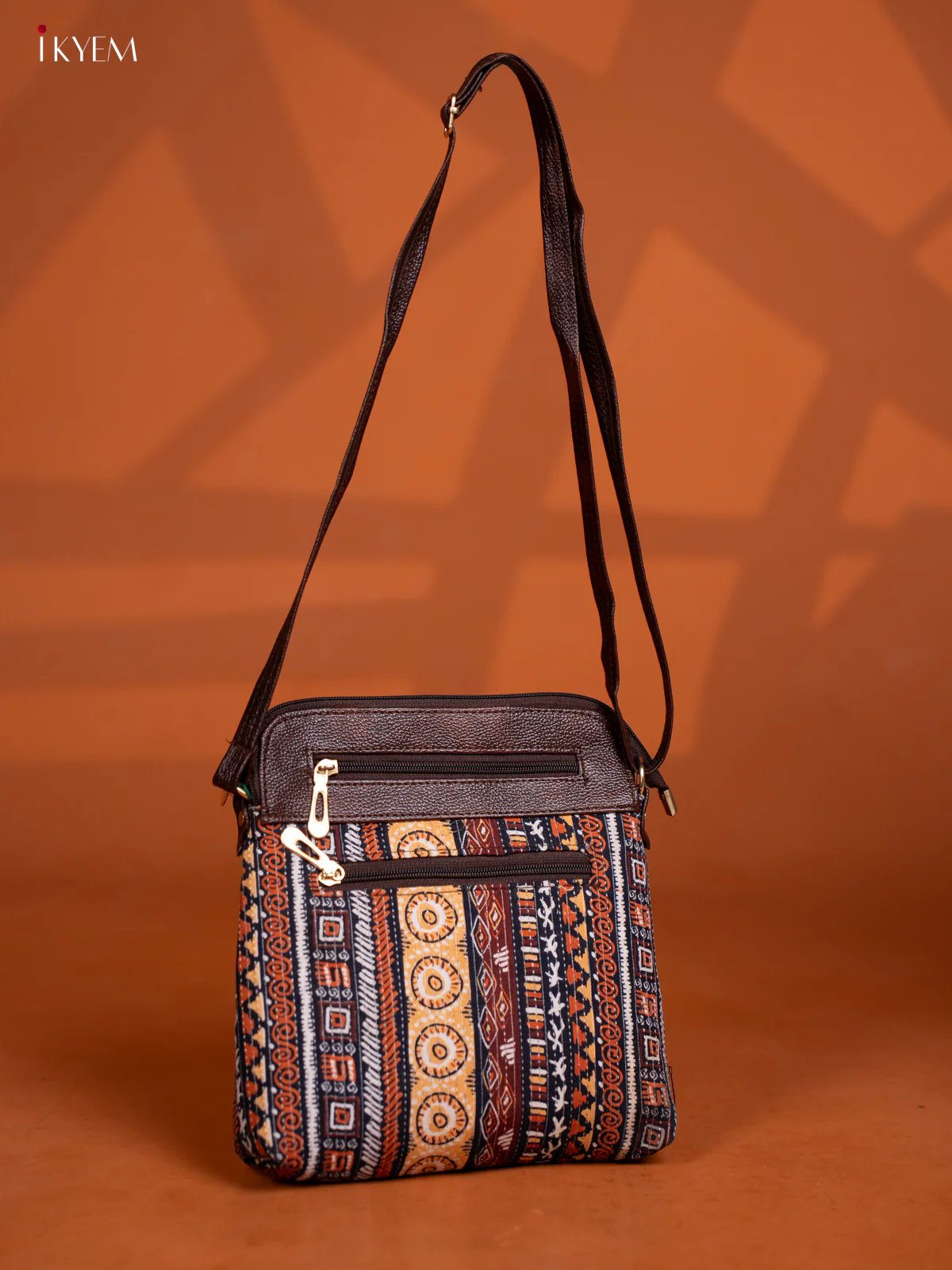 Printed Leather Sling Bag with 4 Compartments - Brown - KD27004 - Image 5