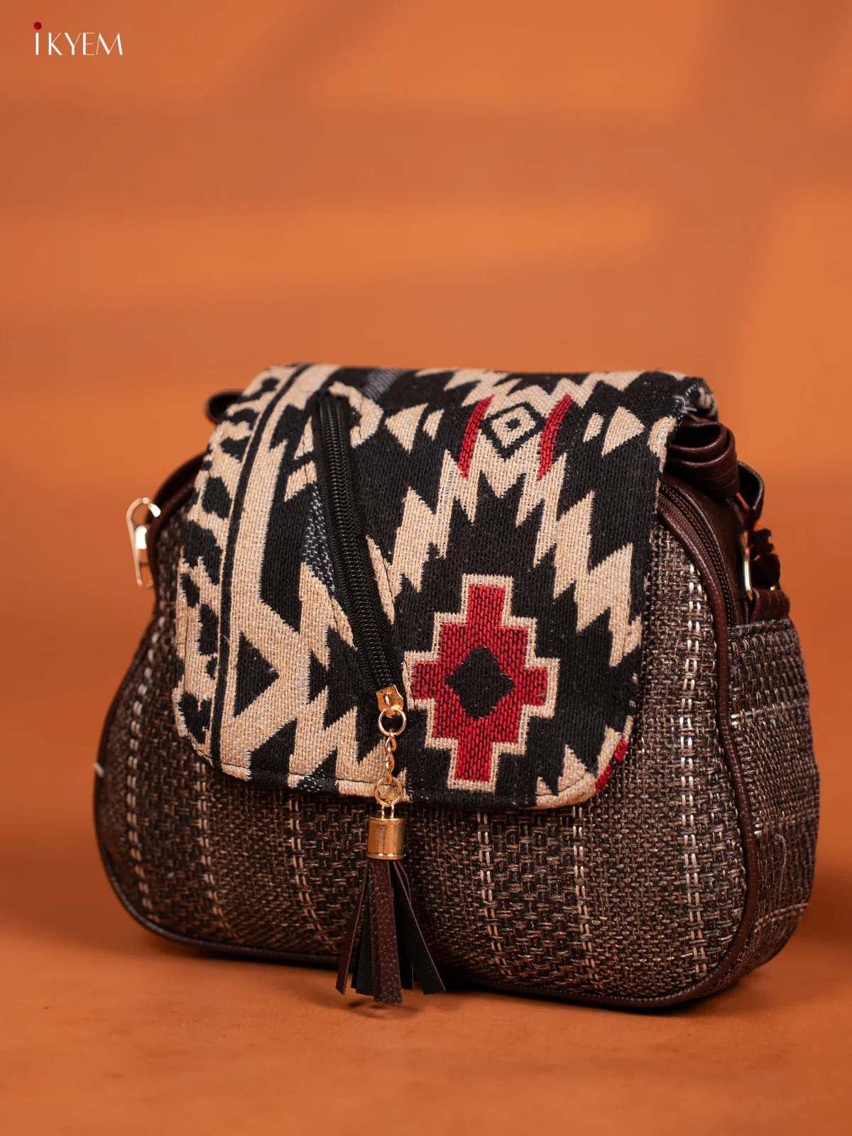 Jacquard Woven Flap Leather Sling Bag - Brown - KD27011 - Image 3