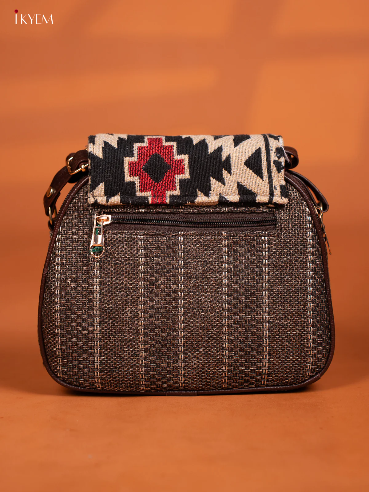 Jacquard Woven Flap Leather Sling Bag - Brown - KD27011 - Image 4