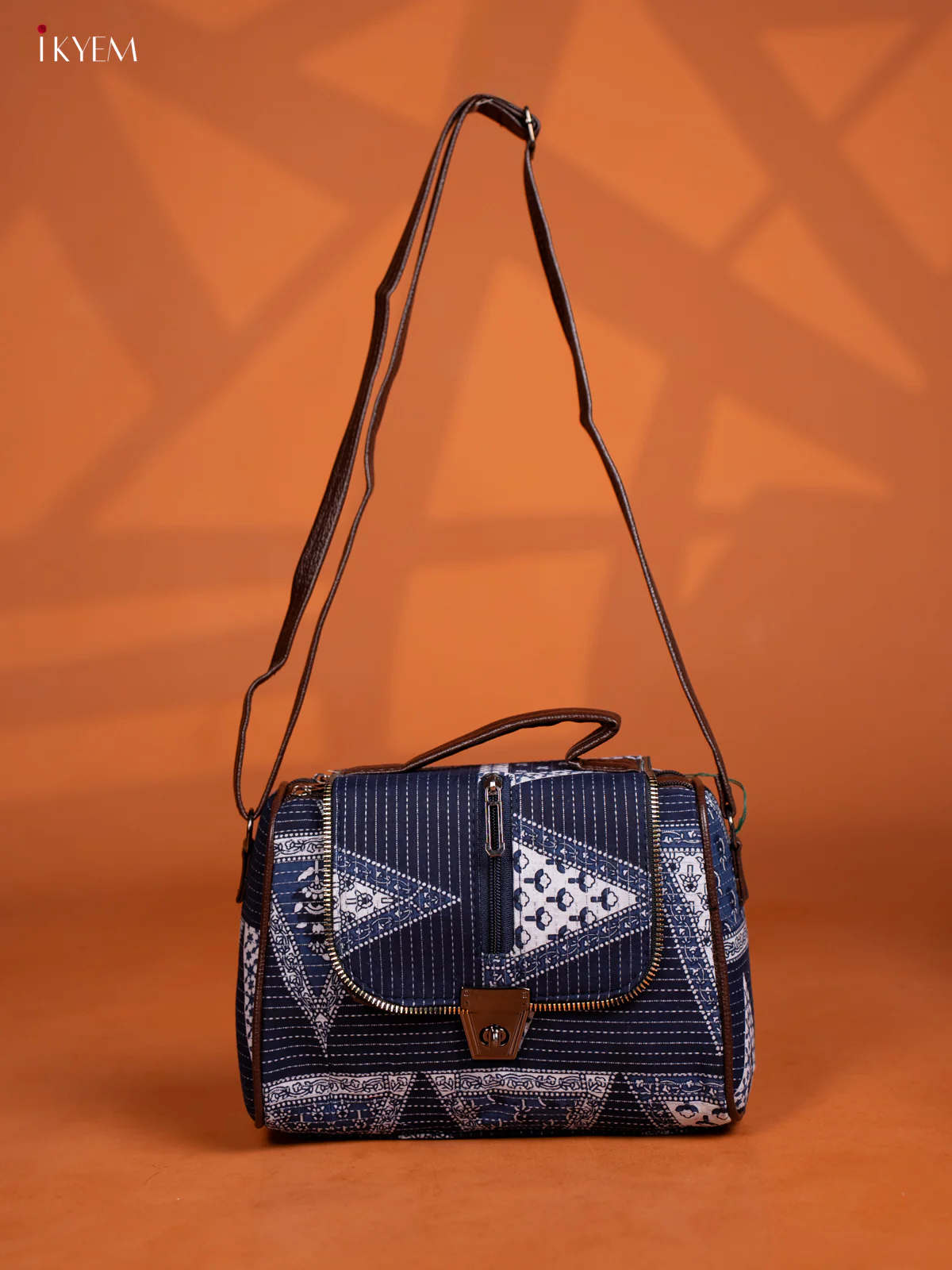Jacquard Ikat Design Leather Sling Bag with 4 Compartments - Navy blue - KD27017 - Image 5