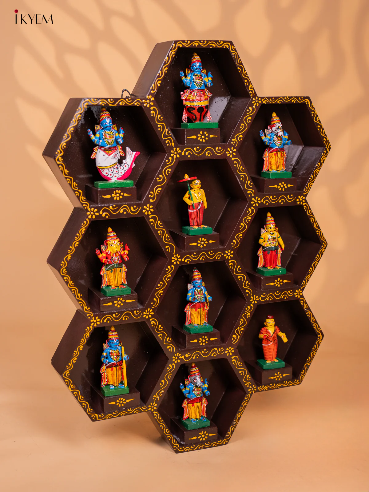 Wooden Octagonal Frame with Kondapalli Dasavatharam Idols - Brown - KD28113 - Image 6