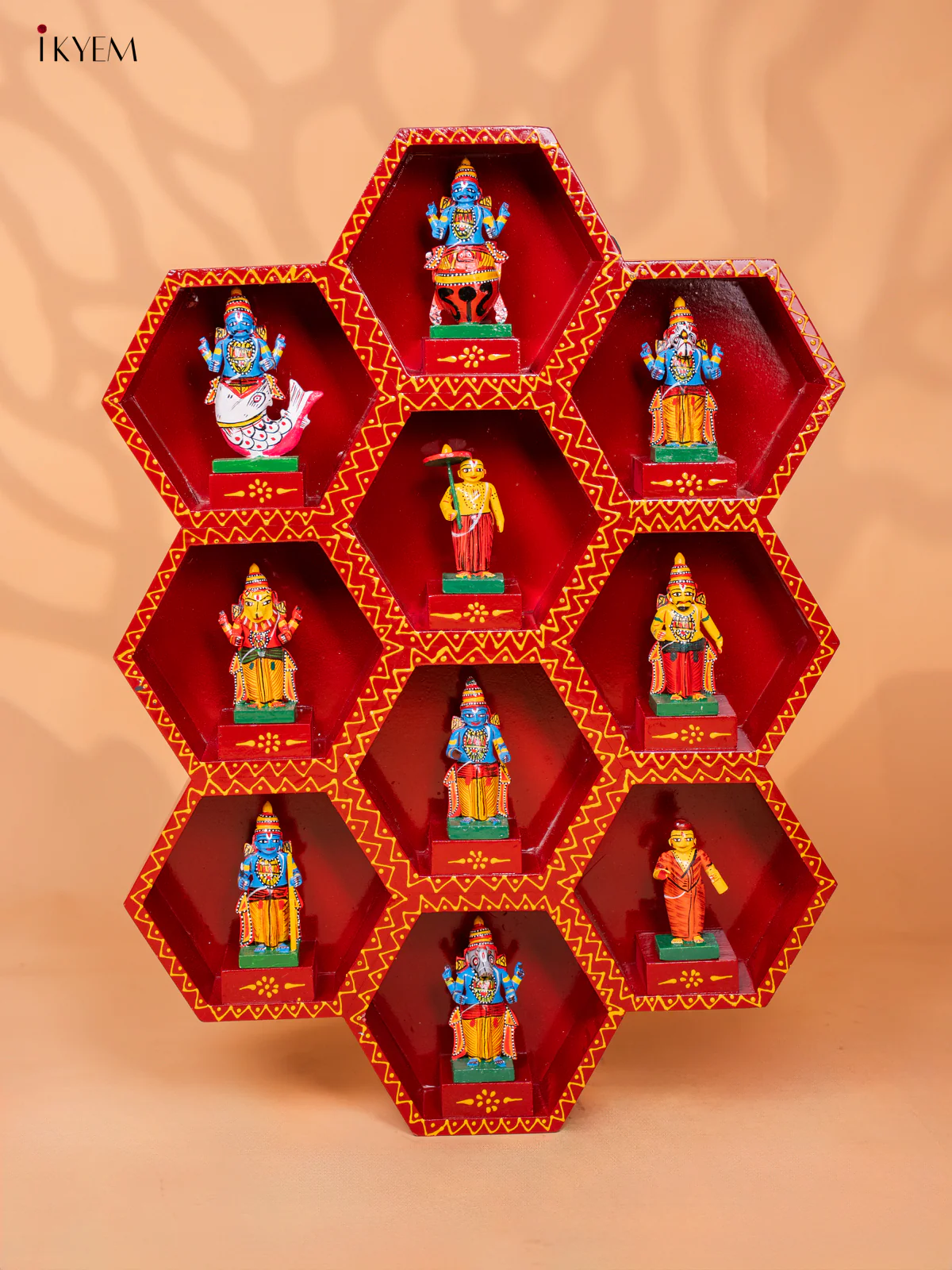 Wooden Octagonal Frame with Kondapalli Dasavatharam Idols - Maroon - KD28115