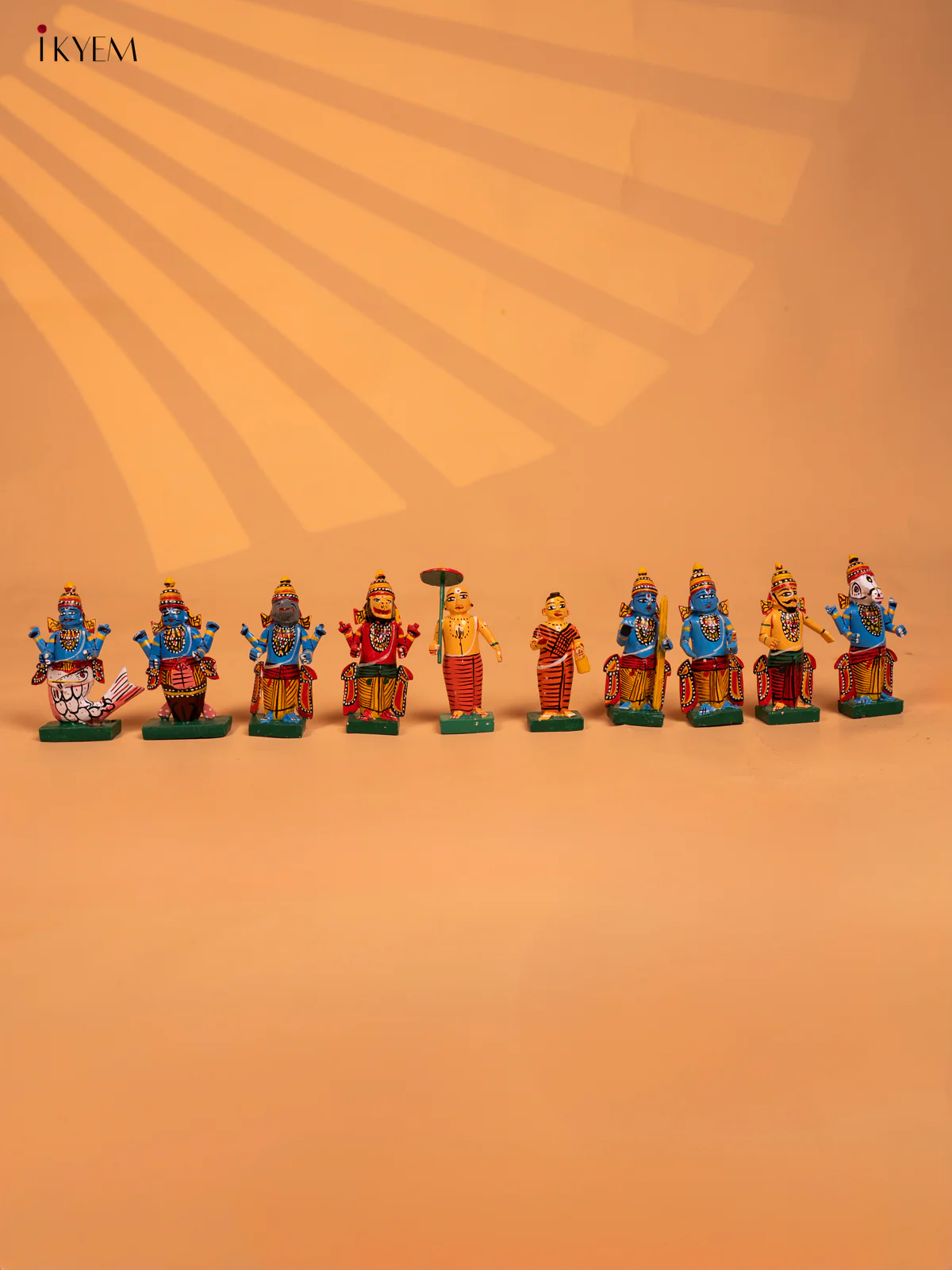 Wooden Octagonal Frame with Kondapalli Dasavatharam Idols - Yellow - KD28116 - Image 3