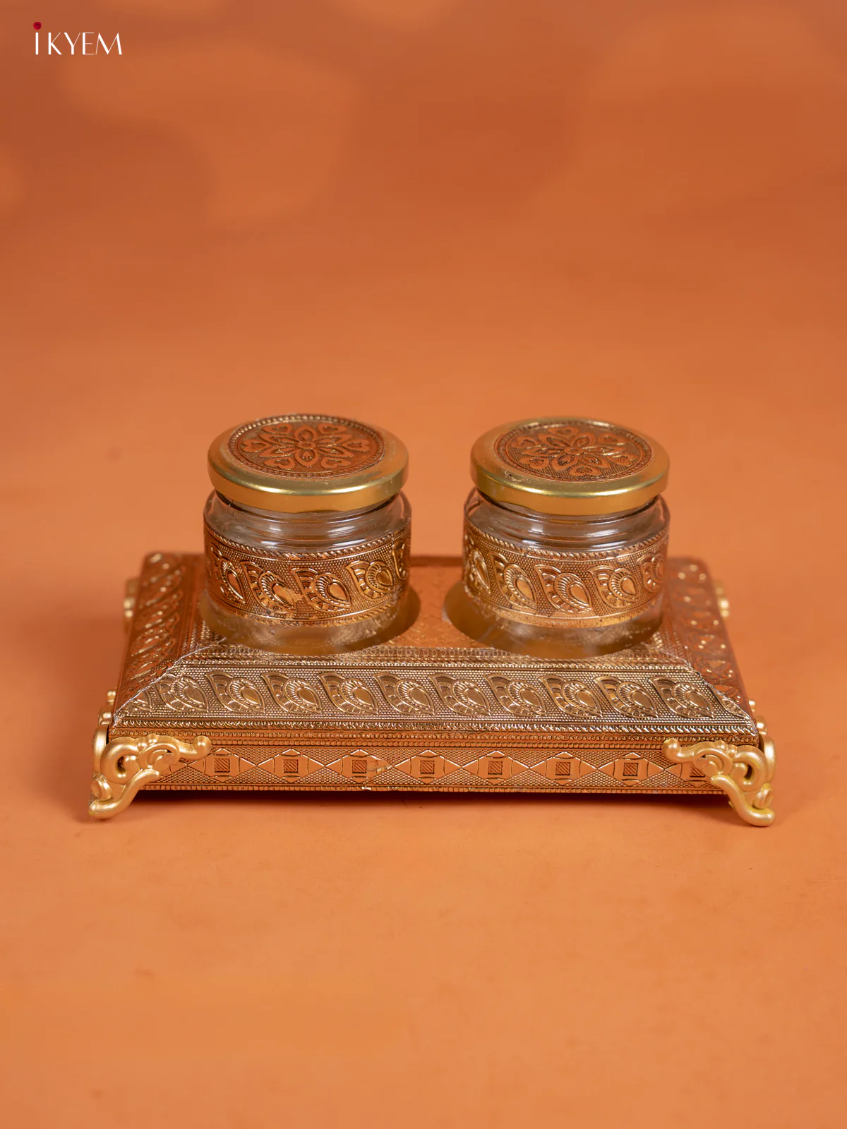 Set Of 2 Oxidized Gold Dry Fruit jars with Tray - KD30128 - Image 2