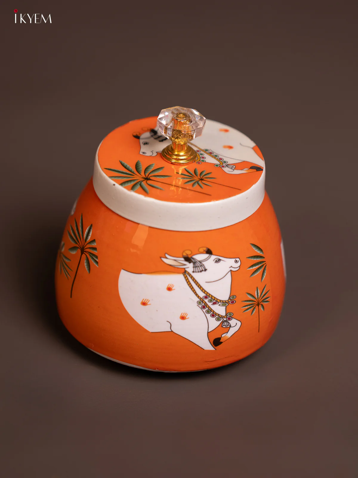 Metal Pichwai Nut Jar Cow -Orange - KE06124