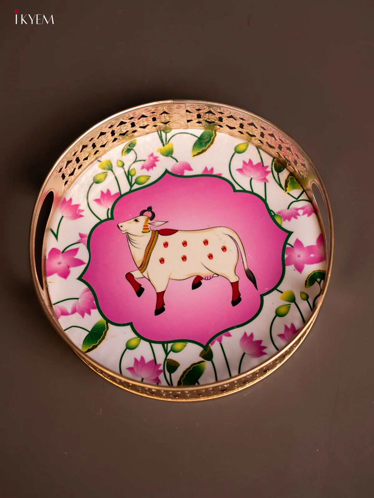 Metal Digital Pichwai tray Cow - 8 Inch - white with pink - KE14115