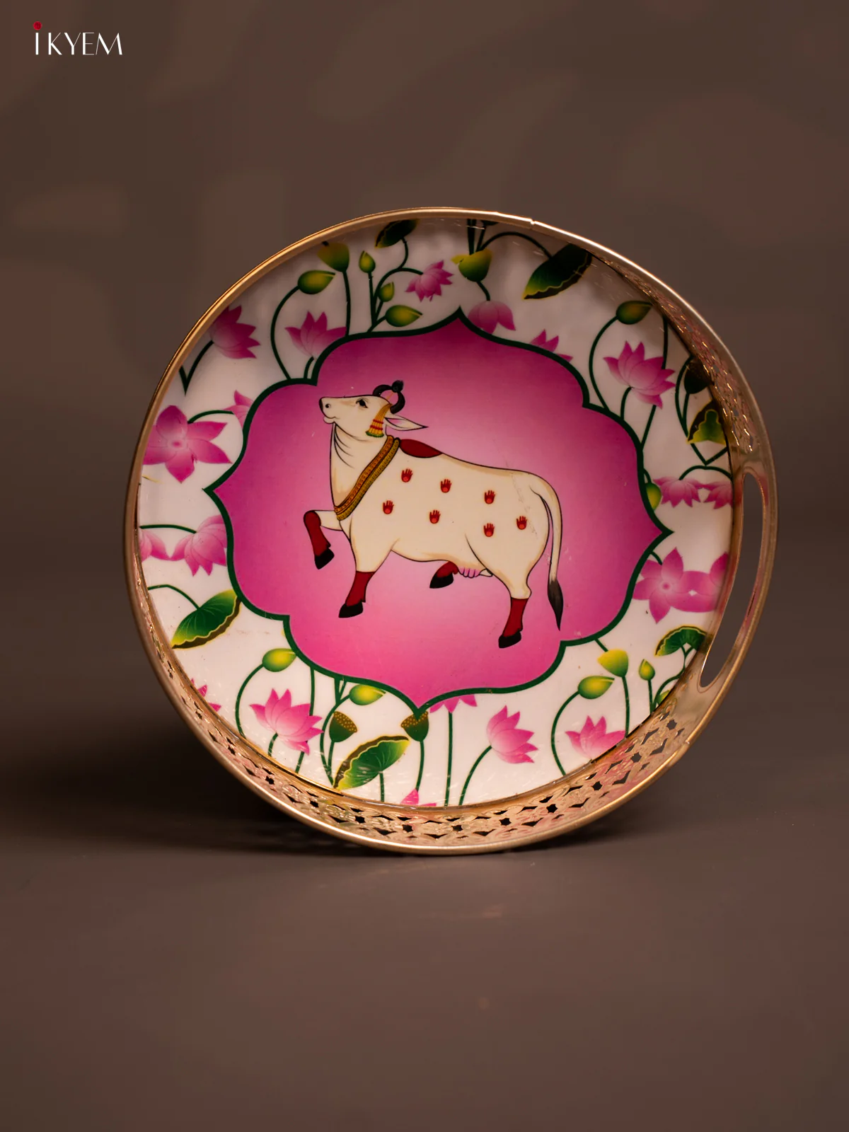 Metal Digital Pichwai tray Cow - 8 Inch - white with pink - KE14115 - Image 2
