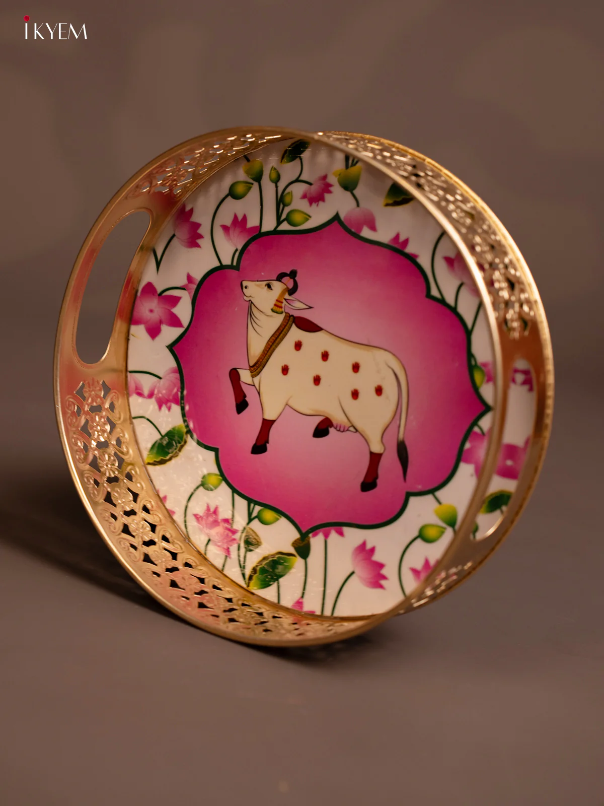 Metal Digital Pichwai tray Cow - 8 Inch - white with pink - KE14115 - Image 3