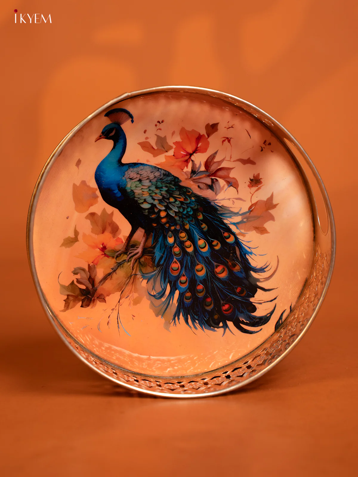 Metal Digital Pichwai tray 8 Inch - peacock - peach - KE14119